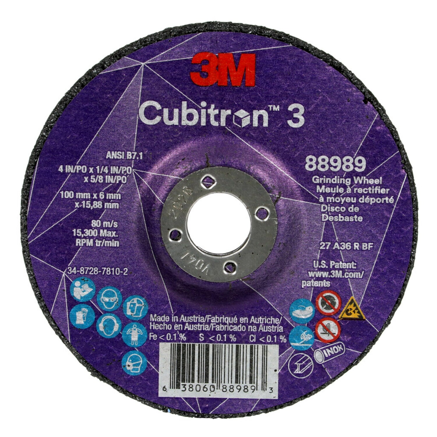 7100303964 - 3M Cubitron 3 Depressed Center Grinding Wheel, 88989, 36+, T27, 4 in x
1/4 in x 5/8 in (100x6x15.88mm) ANSI, 10/Pack, 20 ea/Case