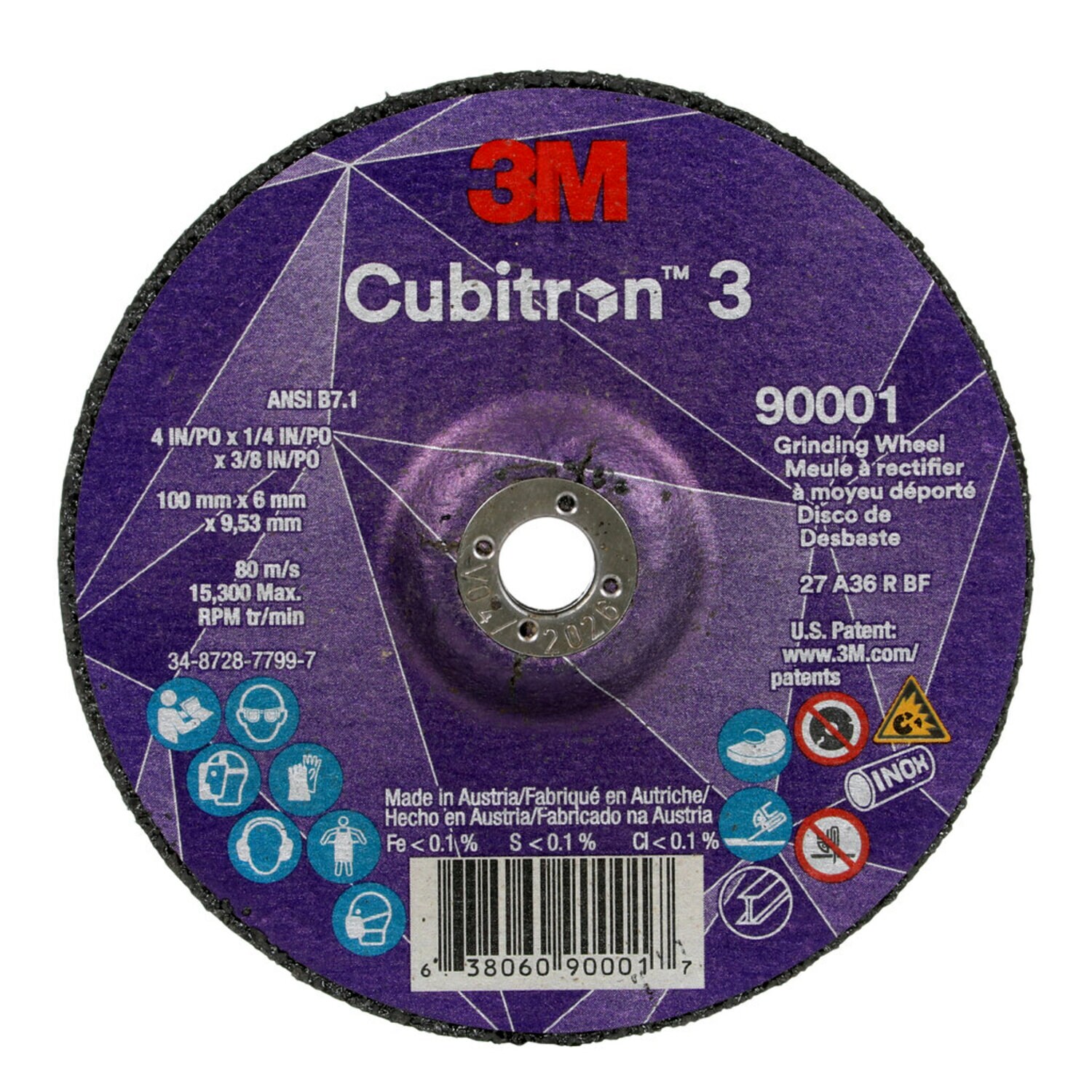 7100303965 - 3M Cubitron 3 Depressed Center Grinding Wheel, 90001, 36+, T27, 4 in x 1/4 in x 3/8 in (100x6x9.53mm), ANSI, 10/Pack, 20 ea/Case