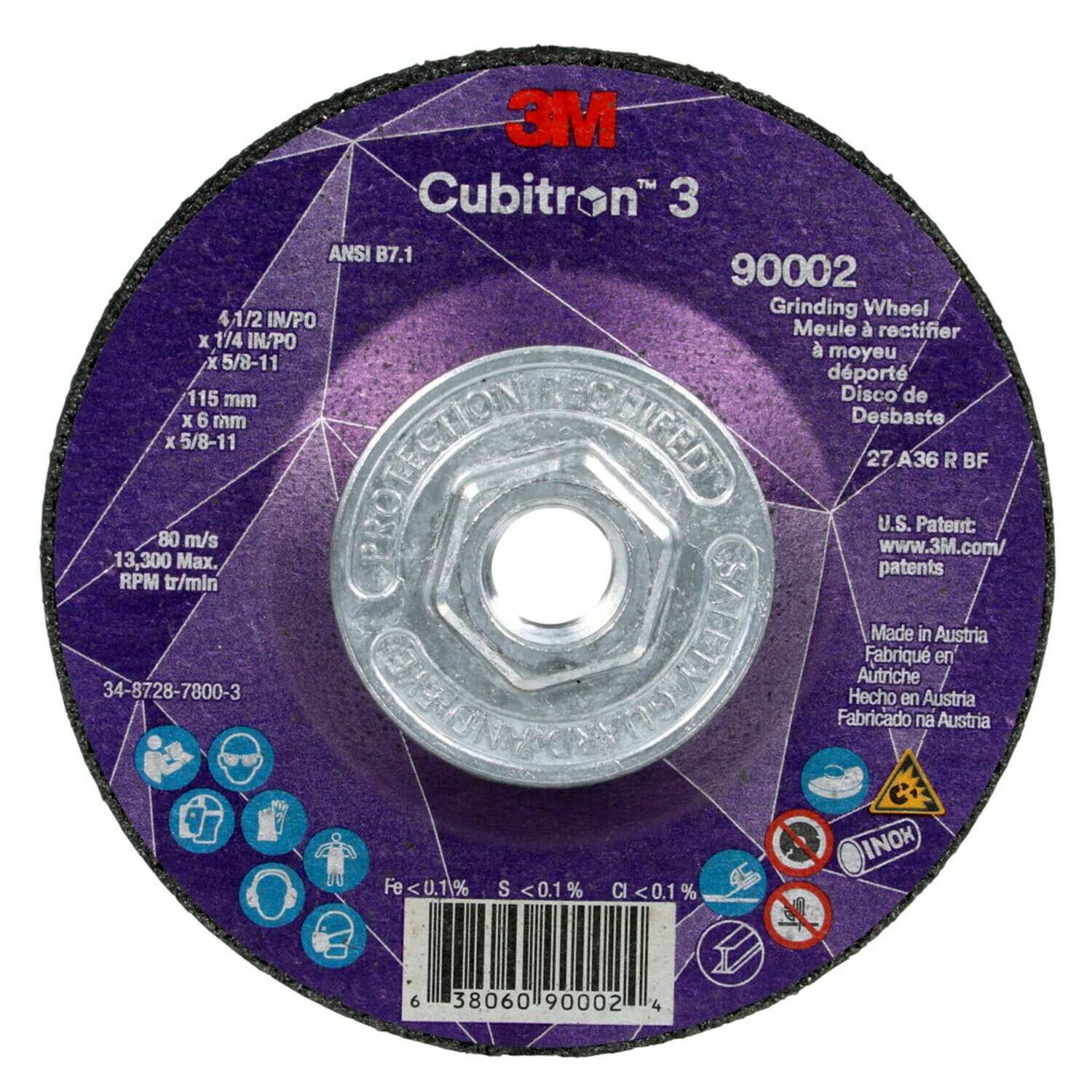 7100312968 - 3M Cubitron 3 Depressed Center Grinding Wheel, 90002, 36+, T27, 4-1/2 in x 1/4 in x 5/8 in-11(115x6mmx5/8-11in) ANSI, 10 ea/Case