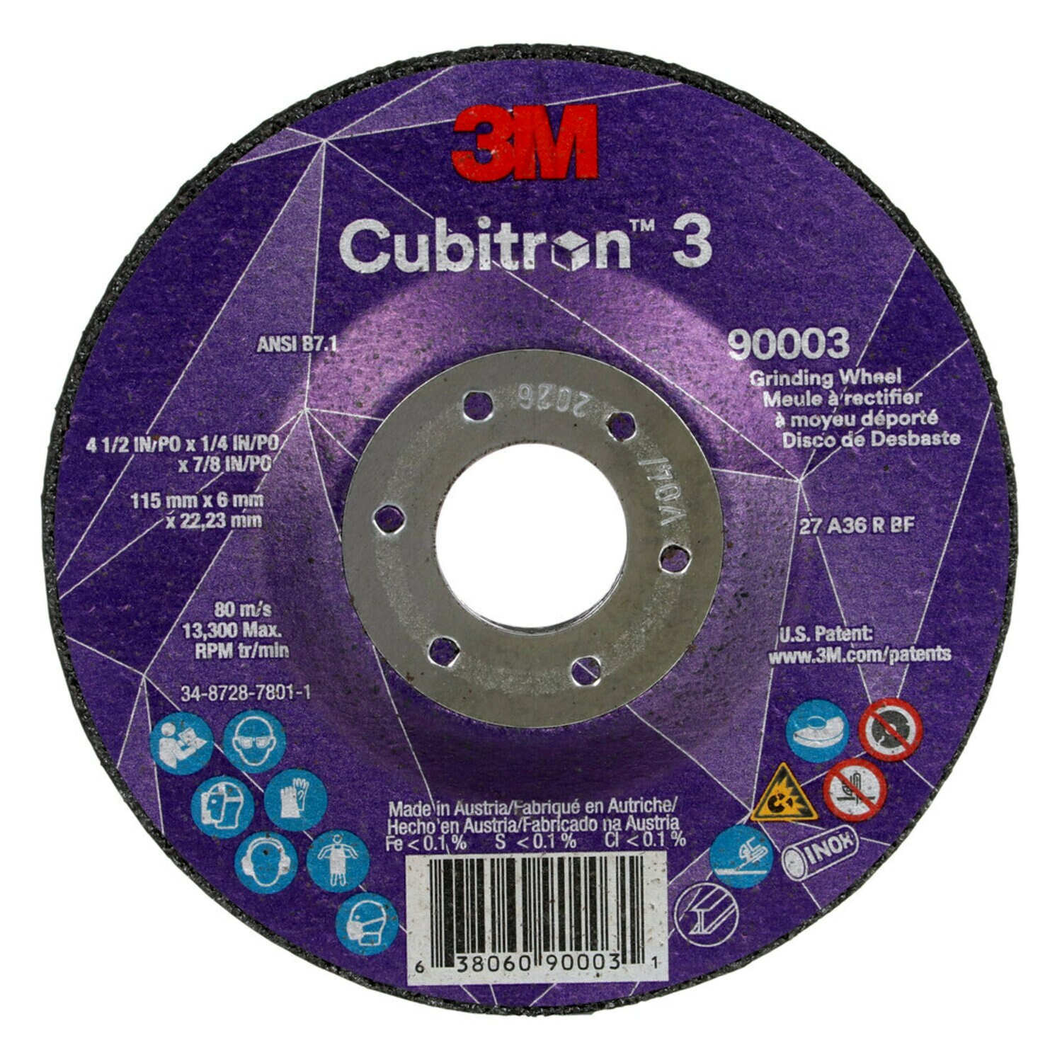 7100303966 - 3M Cubitron 3 Depressed Center Grinding Wheel, 90003, 36+, T27, 4-1/2 in x 1/4 in x7/8 in (11x6x22.23) ANSI, 10/Pack, 20 ea/Case