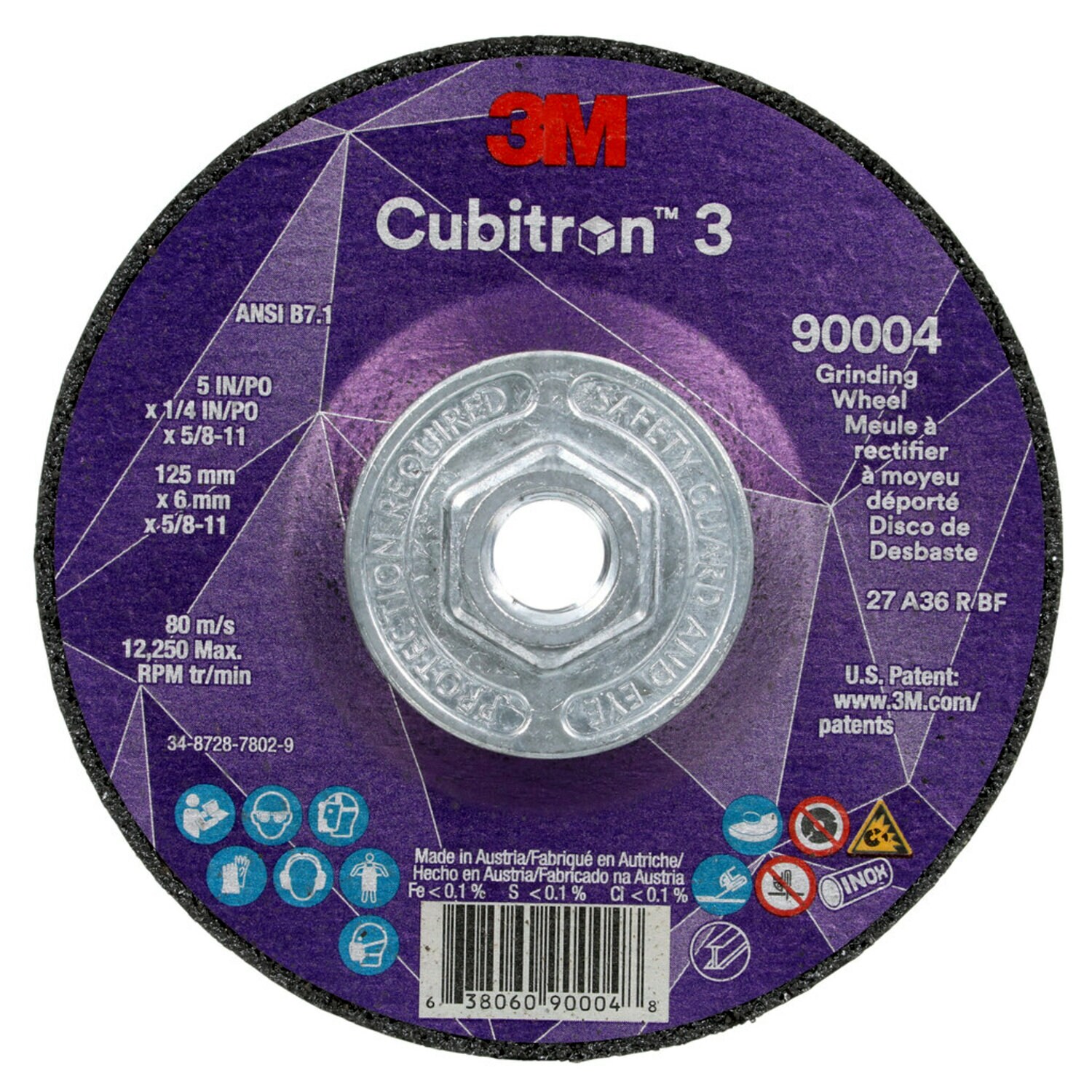 7100312967 - 3M Cubitron 3 Depressed Center Grinding Wheel, 90004, 36+, T27, 5 in x 1/4 in x 5/8 in-11 (125x6mmx5/8-11in), ANSI, 10 ea/Case