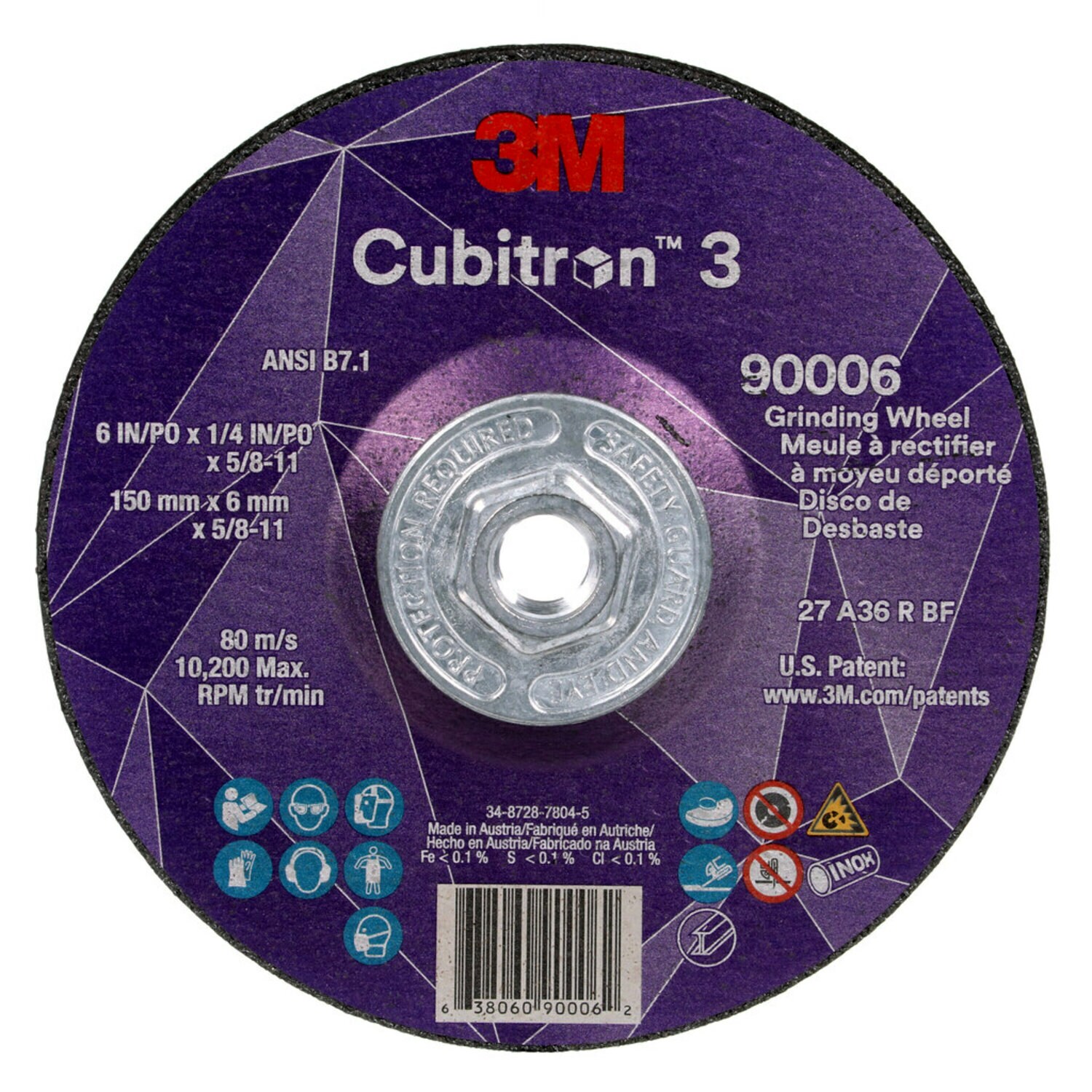 7100312966 - 3M Cubitron 3 Depressed Center Grinding Wheel, 90006, 36+, T27, 6 in x
1/4 in x 5/8 in-11 (150x6mmx5/8-11in), ANSI, 10 ea/Case