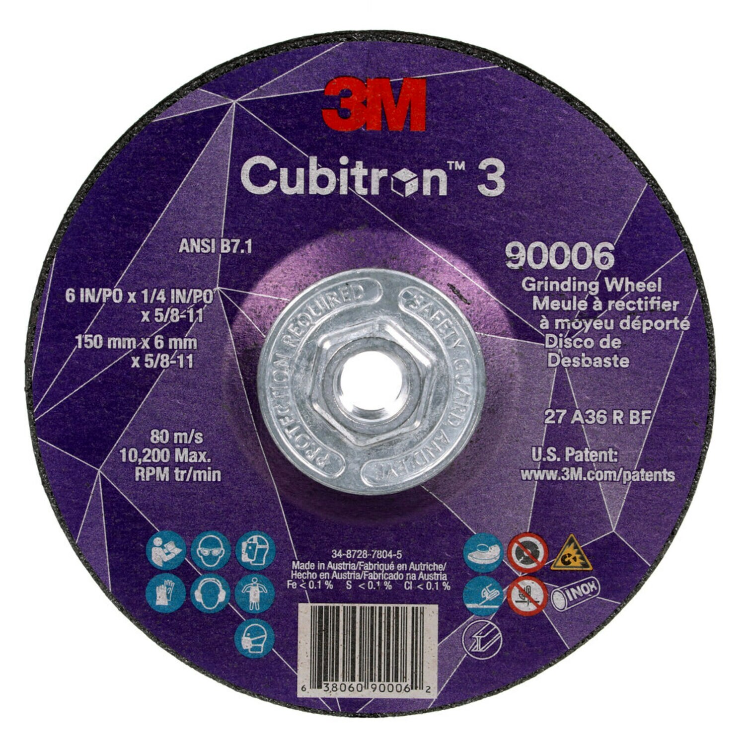 7100312966 - 3M Cubitron 3 Depressed Center Grinding Wheel, 90006, 36+, T27, 6 in x 1/4 in x 5/8 in-11 (150x6mmx5/8-11in), ANSI, 10 ea/Case