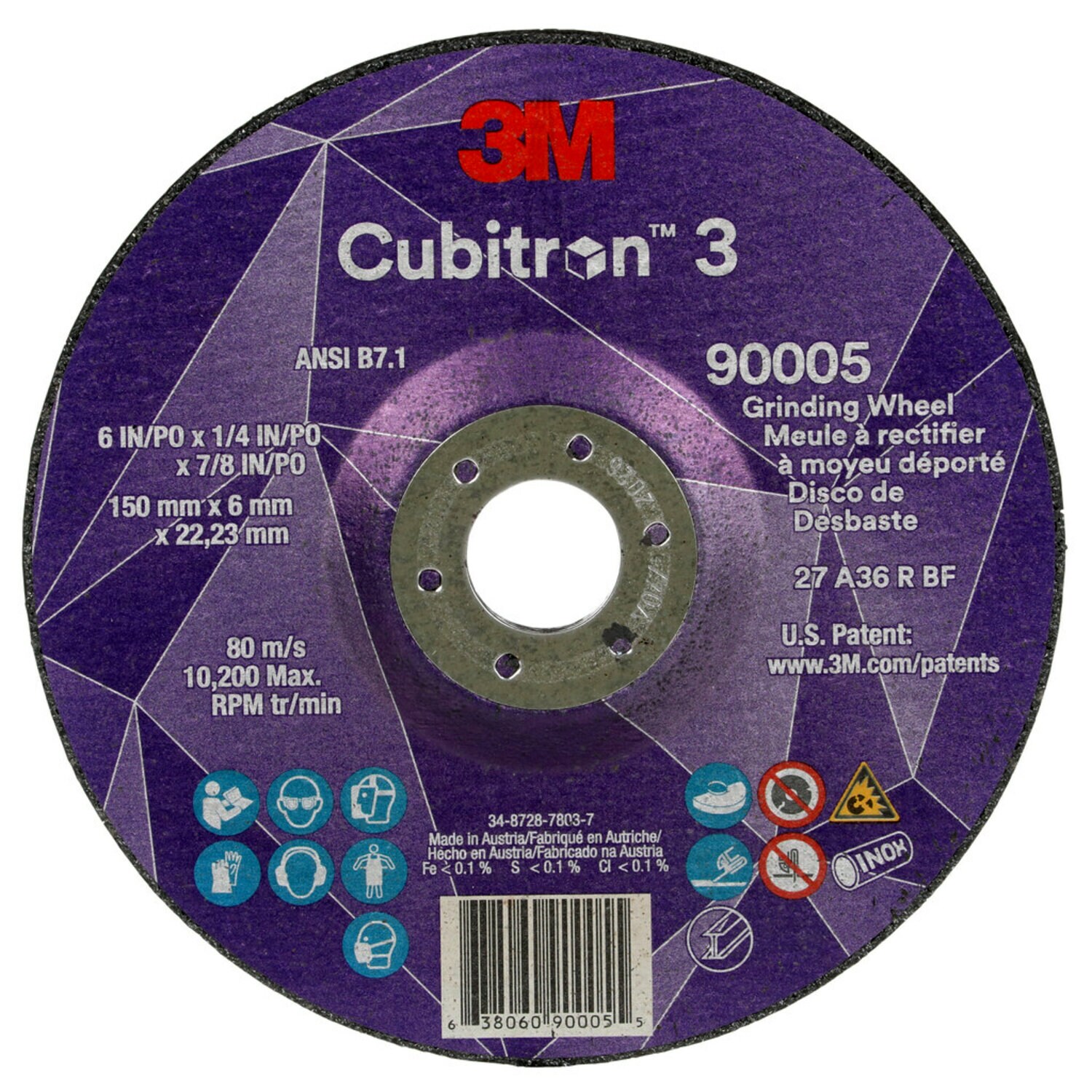 7100313193 - 3M Cubitron 3 Depressed Center Grinding Wheel, 90005, 36+, T27, 6 in x
1/4 in x 7/8 in (150x6x22.23mm) ANSI, 10/Pack, 20 ea/Case
