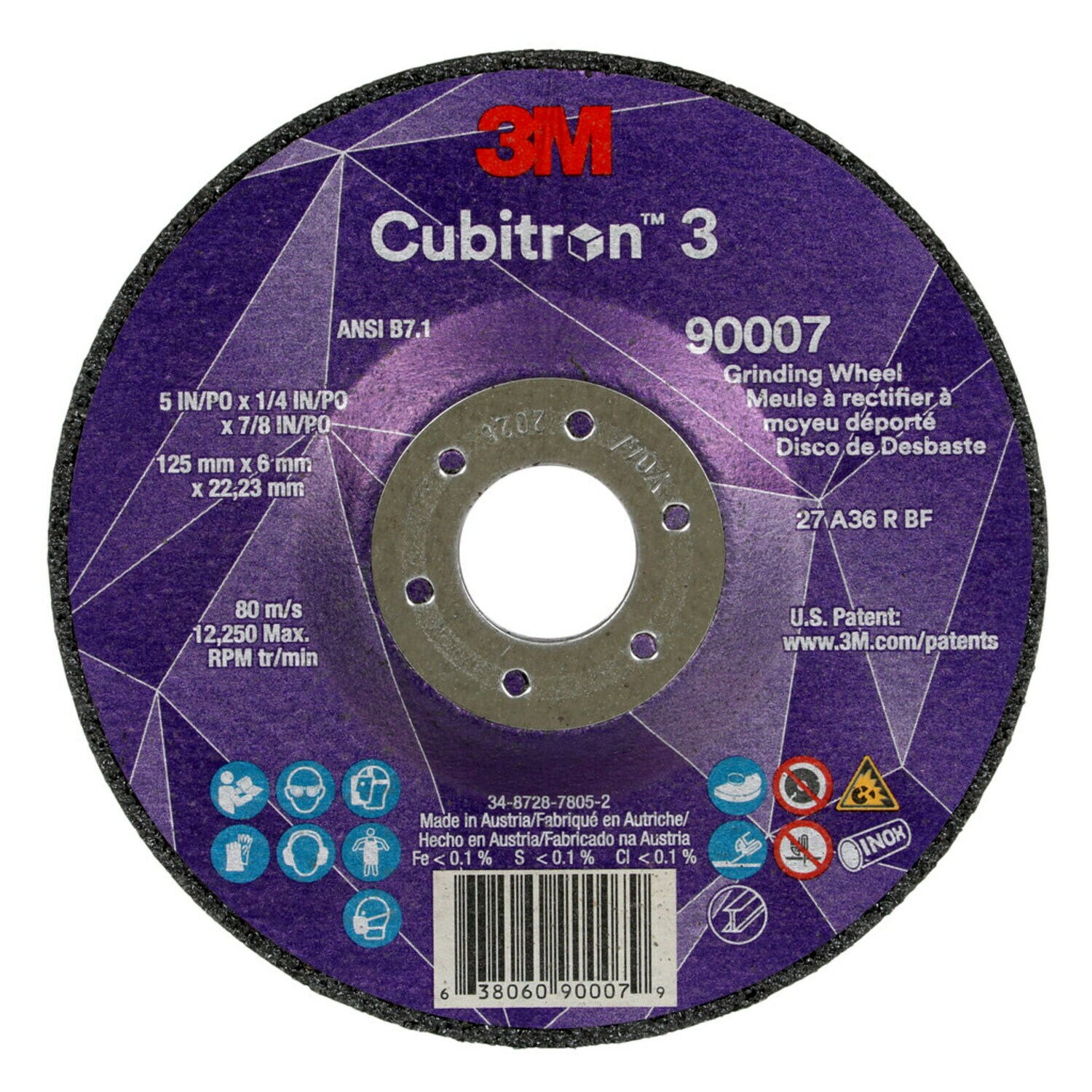 7100303967 - 3M Cubitron 3 Depressed Center Grinding Wheel, 90007, 36+, T27, 5 in x
1/4 in x 7/8 in (125x6x22.23mm) ANSI, 10/Pack, 20 ea/Case