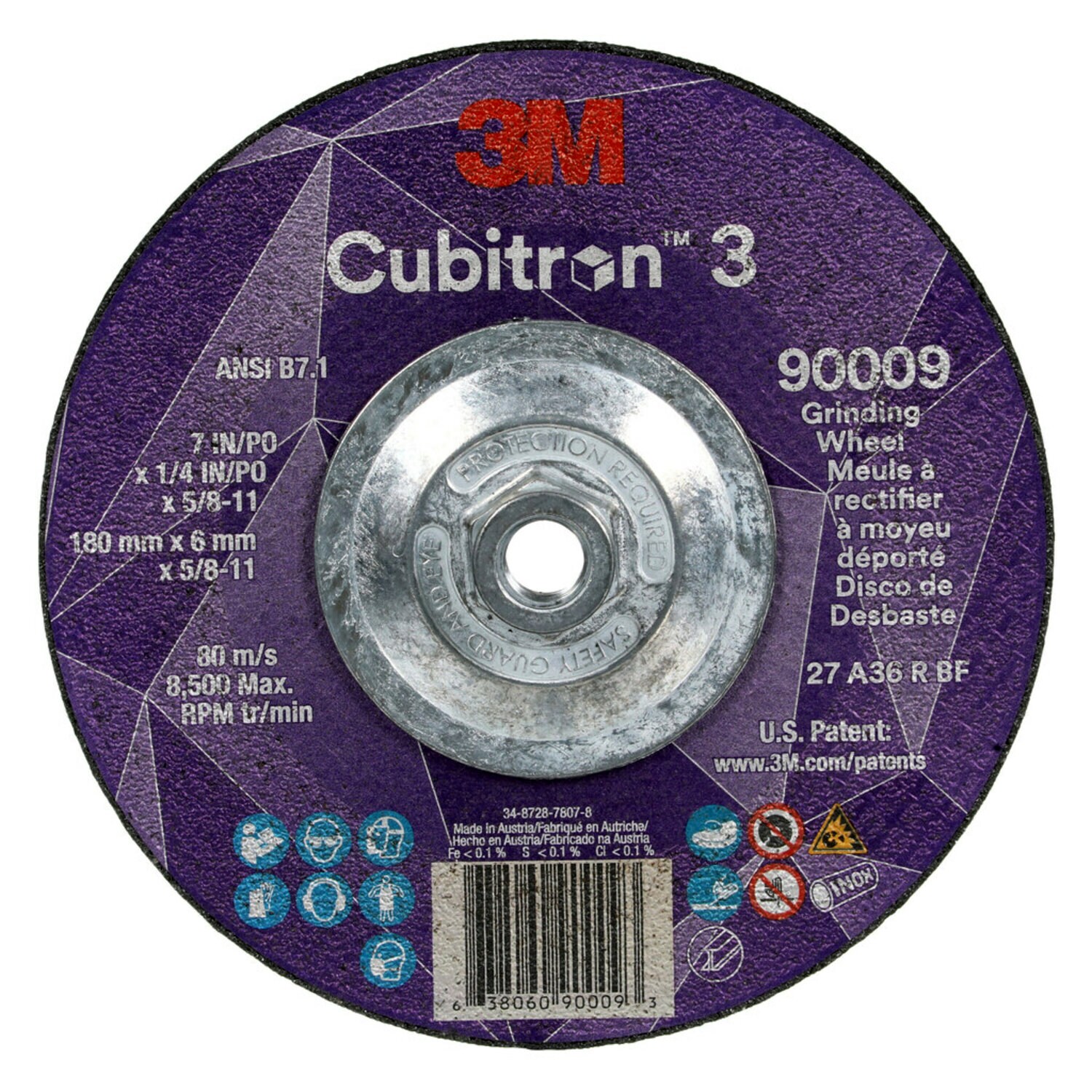 7100312965 - 3M Cubitron 3 Depressed Center Grinding Wheel, 90009, 36+, T27, 7 in x
1/4 in x 5/8 in-11 (180x6mmx5/8-11in), ANSI, 10 ea/Case