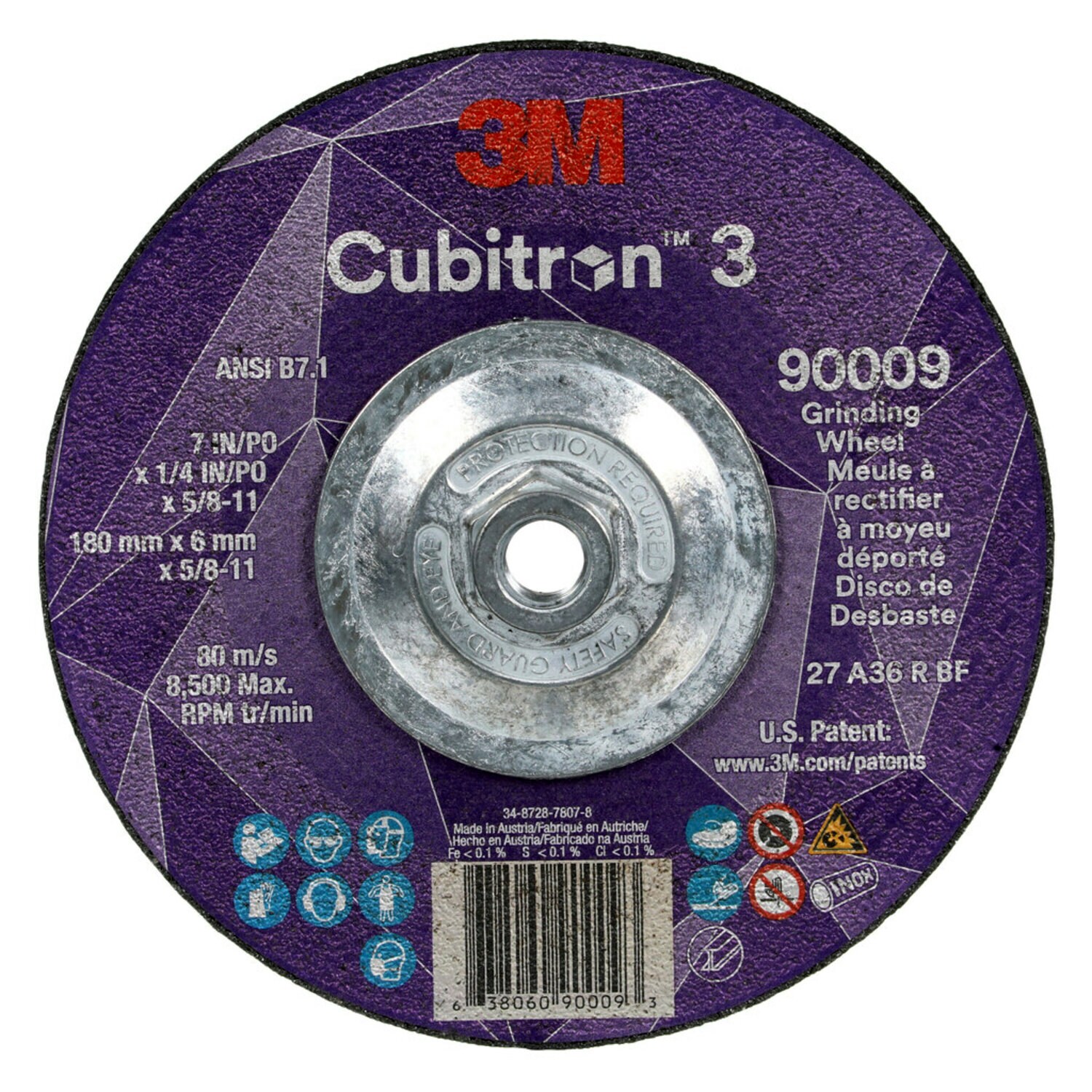 7100312965 - 3M Cubitron 3 Depressed Center Grinding Wheel, 90009, 36+, T27, 7 in x 1/4 in x 5/8 in-11 (180x6mmx5/8-11in), ANSI, 10 ea/Case