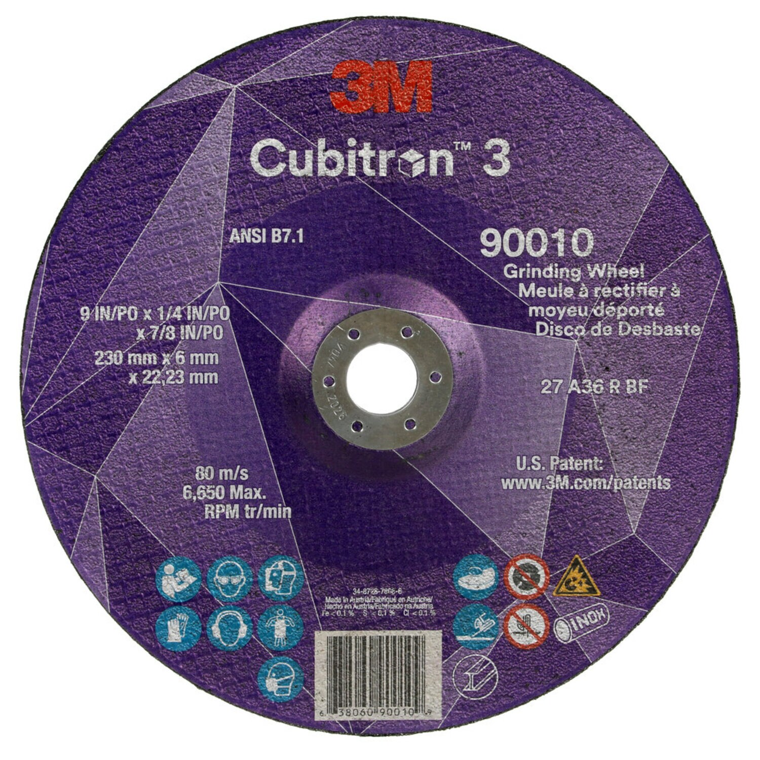 7100313202 - 3M Cubitron 3 Depressed Center Grinding Wheel, 90010, 36+, T27, 9 in x
1/4 in x 7/8 in (230x6x22.23mm) ANSI, 10/Pack, 20 ea/Case