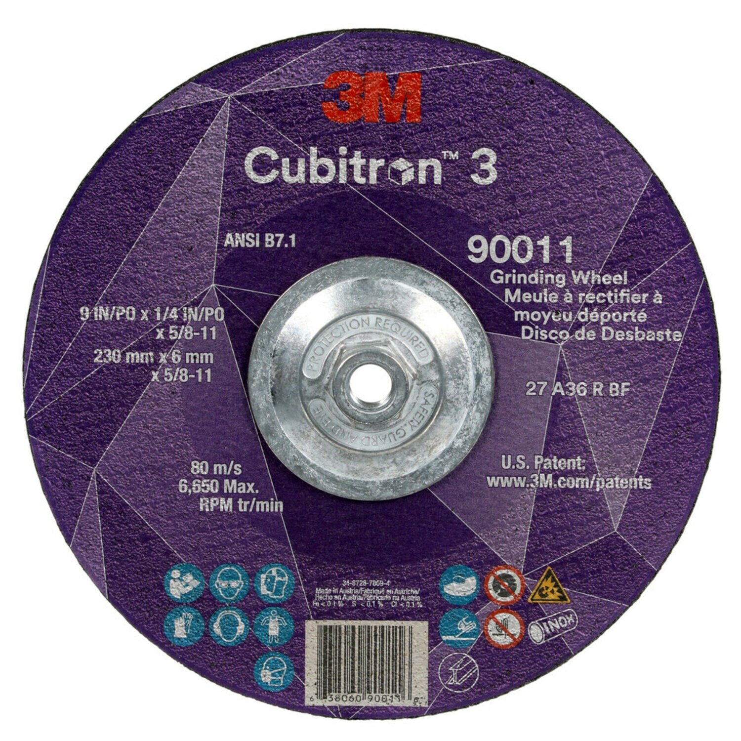 7100312964 - 3M Cubitron 3 Depressed Center Grinding Wheel, 90011, 36+, T27, 9 in x
1/4 in x 5/8 in-11 (230x6mmx5/8-11in), ANSI, 10 ea/Case