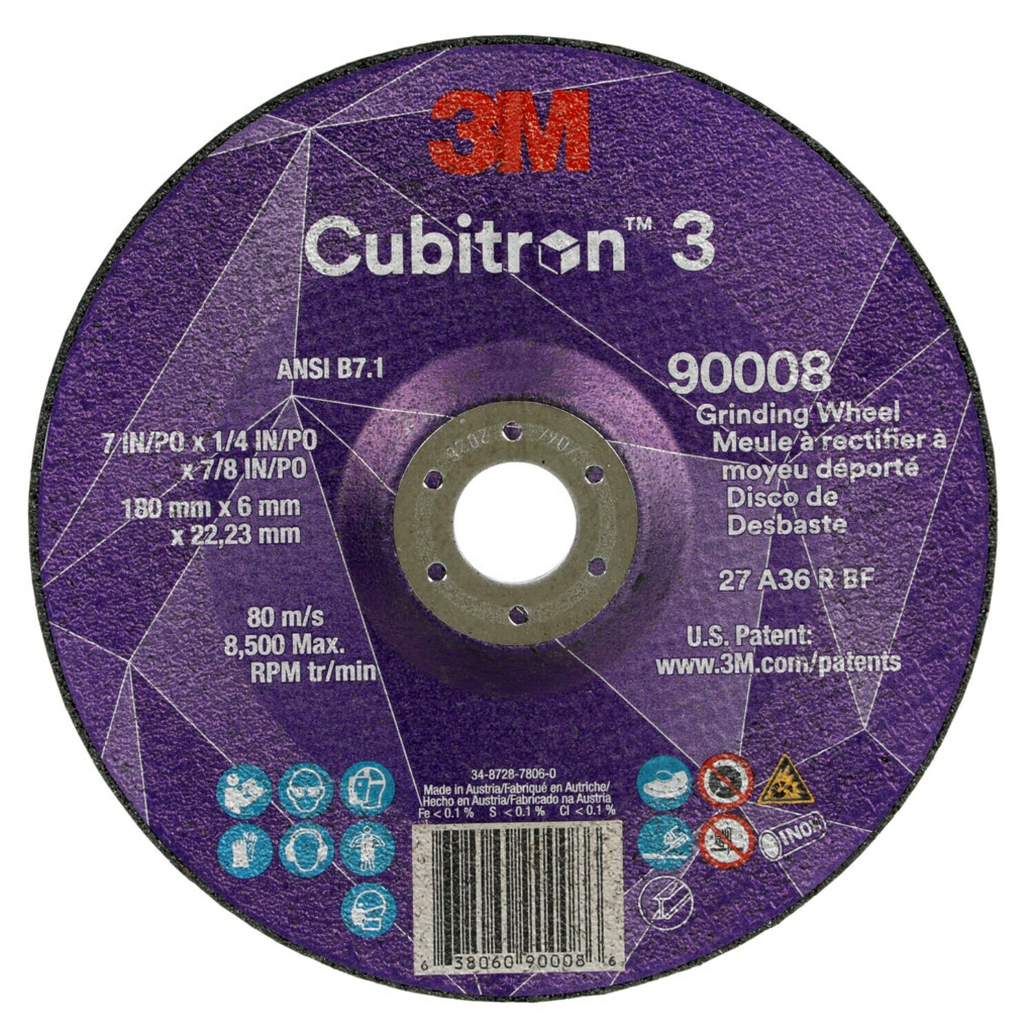 7100313198 - 3M Cubitron 3 Depressed Center Grinding Wheel, 90008, 36+, T27, 7 in x 1/4 in x 7/8 in (180x6x22.23mm) ANSI, 10/Pack, 20 ea/Case