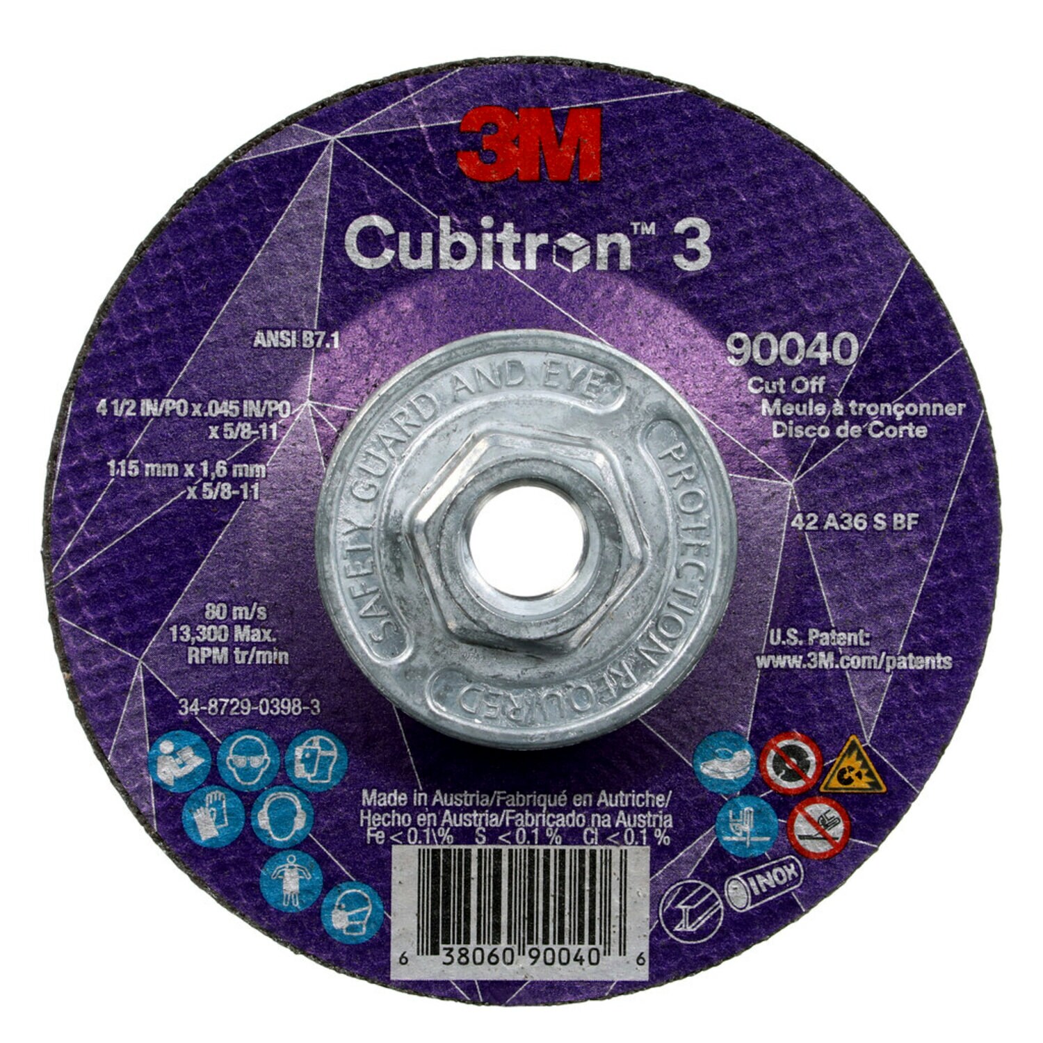 7100313192 - 3M Cubitron 3 Cut-Off Wheel, 90040, 36+, T27, 4-1/2 in x 0.045 in x
5/8 in-11 (115 x 1.6 mm x 5/8-11 in), ANSI, 10 ea/Case