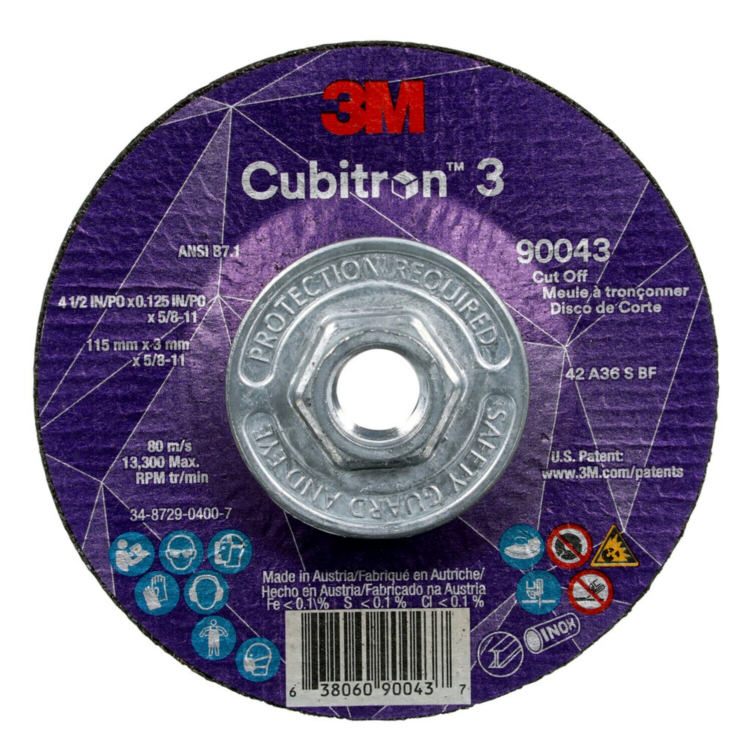 7100313187 - 3M Cubitron 3 Cut-Off Wheel, 90043, 36+, T27, 4-1/2 in x 0.125 in x
5/8 in-11 (115 x 3 mm x 5/8-11 in), ANSI, 10 ea/Case