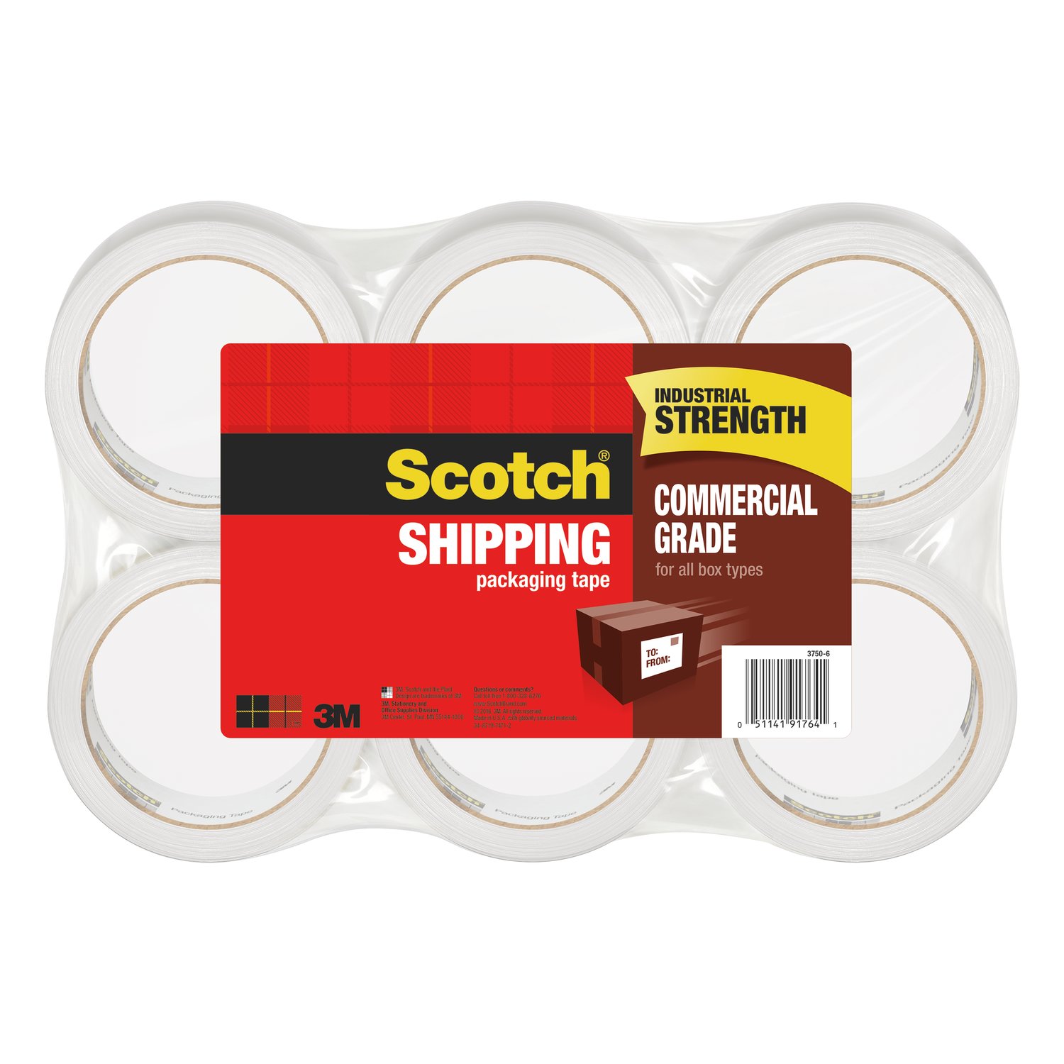 7000047681 - Scotch Commercial Grade Shipping Packaging Tape 3750-6, 1.88 in x 54.6 yd (48 mm x 50 m) 6 pk