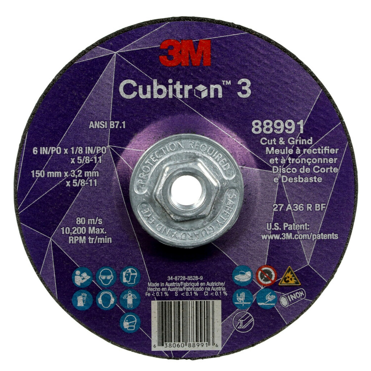 7100313205 - 3M Cubitron 3 Cut and Grind Wheel, 88991, 36+, T27, 6 in x 1/8 in x
5/8 in-11 (150 x 3.2 mm x 5/8-11 in), ANSI, 10 ea/Case