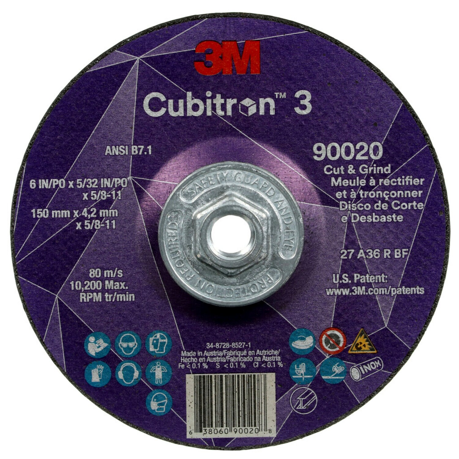 7100313196 - 3M Cubitron 3 Cut and Grind Wheel, 90020, 36+, T27, 6 in x 5/32 in x 5/8 in-11 (150 x 4.2 mm x 5/8-11 in), ANSI, 10 ea/Case