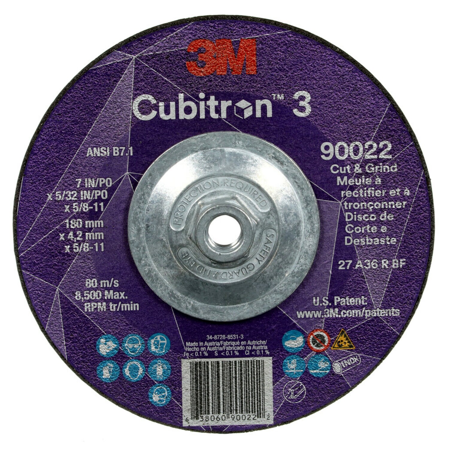 7100313551 - 3M Cubitron 3 Cut and Grind Wheel, 90022, 36+, T27, 7 in x 5/32 in x
5/8 in-11 (180 x 4.2 mm x 5/8-11 in), ANSI, 10 ea/Case