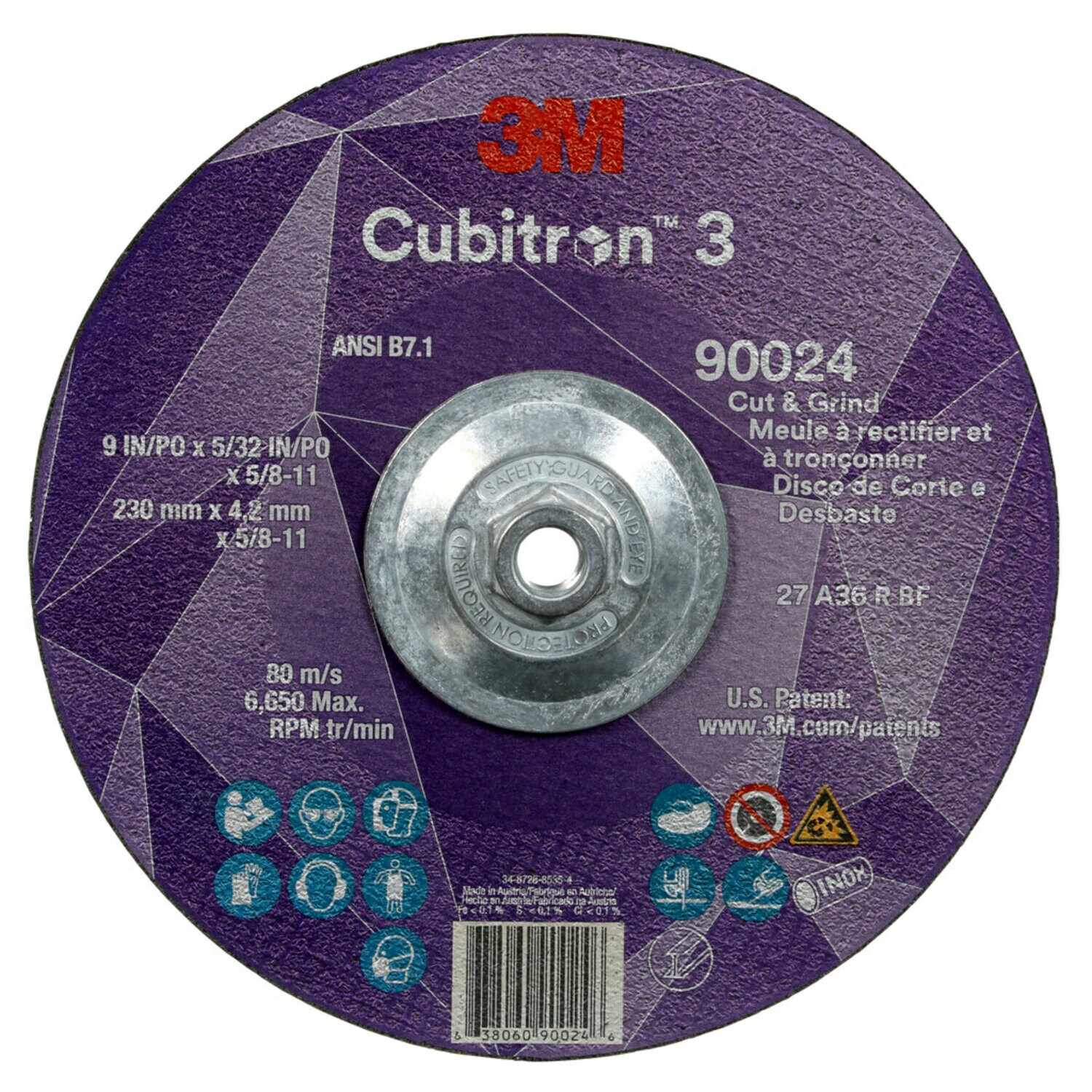 7100313203 - 3M Cubitron 3 Cut and Grind Wheel, 90024, 36+, T27, 9 in x 5/32 in x
5/8 in-11 (230 x 4.2 mm x 5/8-11 in), ANSI, 10 ea/Case