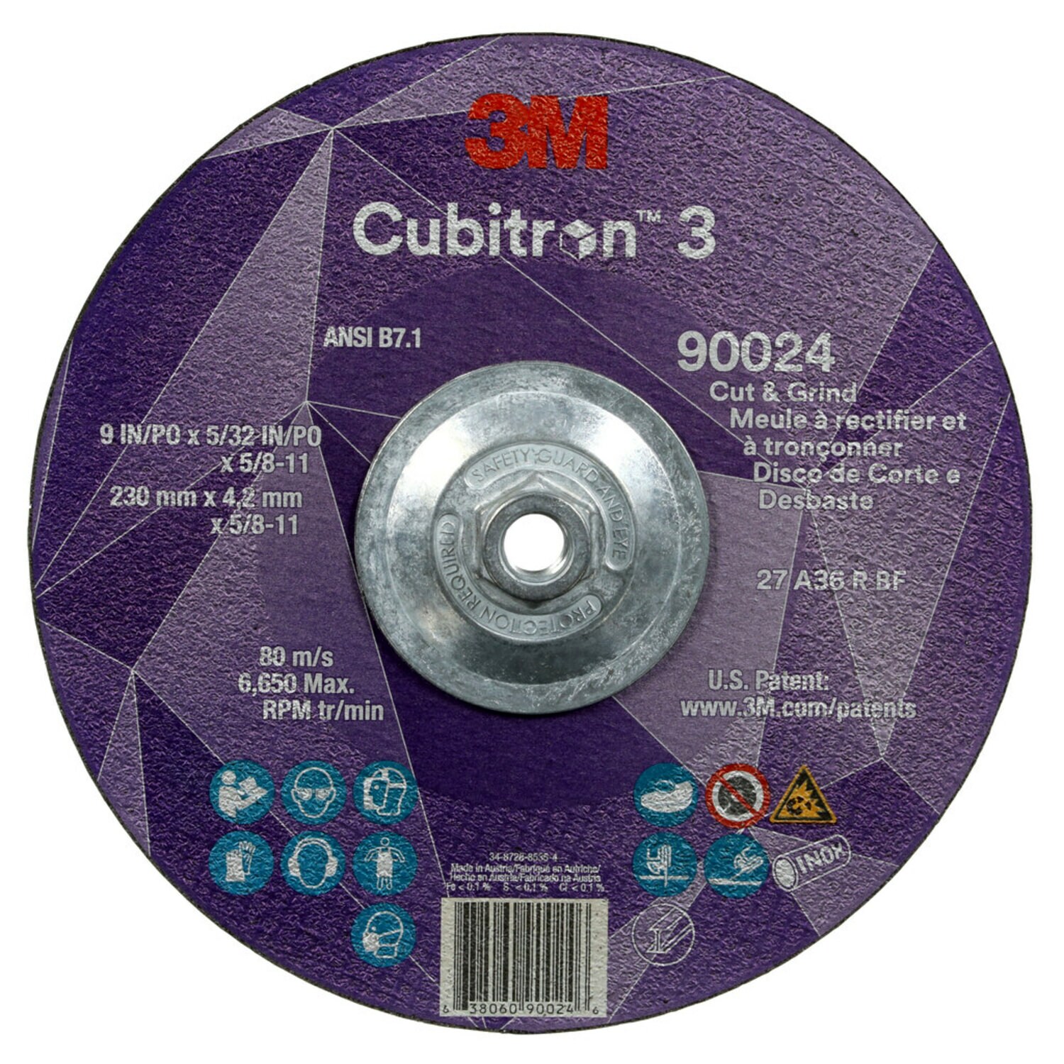 7100313203 - 3M Cubitron 3 Cut and Grind Wheel, 90024, 36+, T27, 9 in x 5/32 in x 5/8 in-11 (230 x 4.2 mm x 5/8-11 in), ANSI, 10 ea/Case