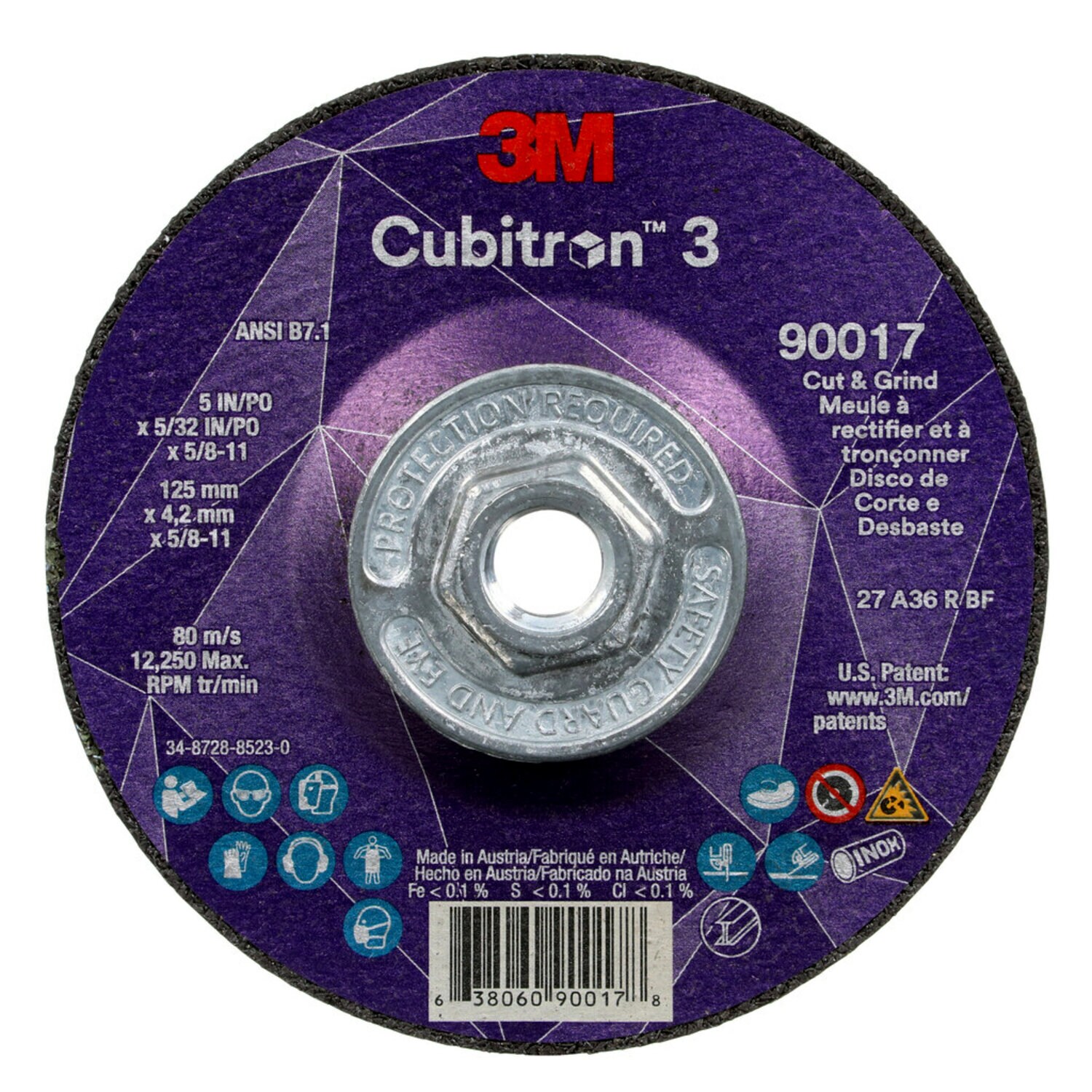 7100313550 - 3M Cubitron 3 Cut and Grind Wheel, 90017, 36+, T27, 5 in x 5/32 in x 5/8 in-11 (125 x 4.2 mm x 5/8-11 in), ANSI, 10 ea/Case