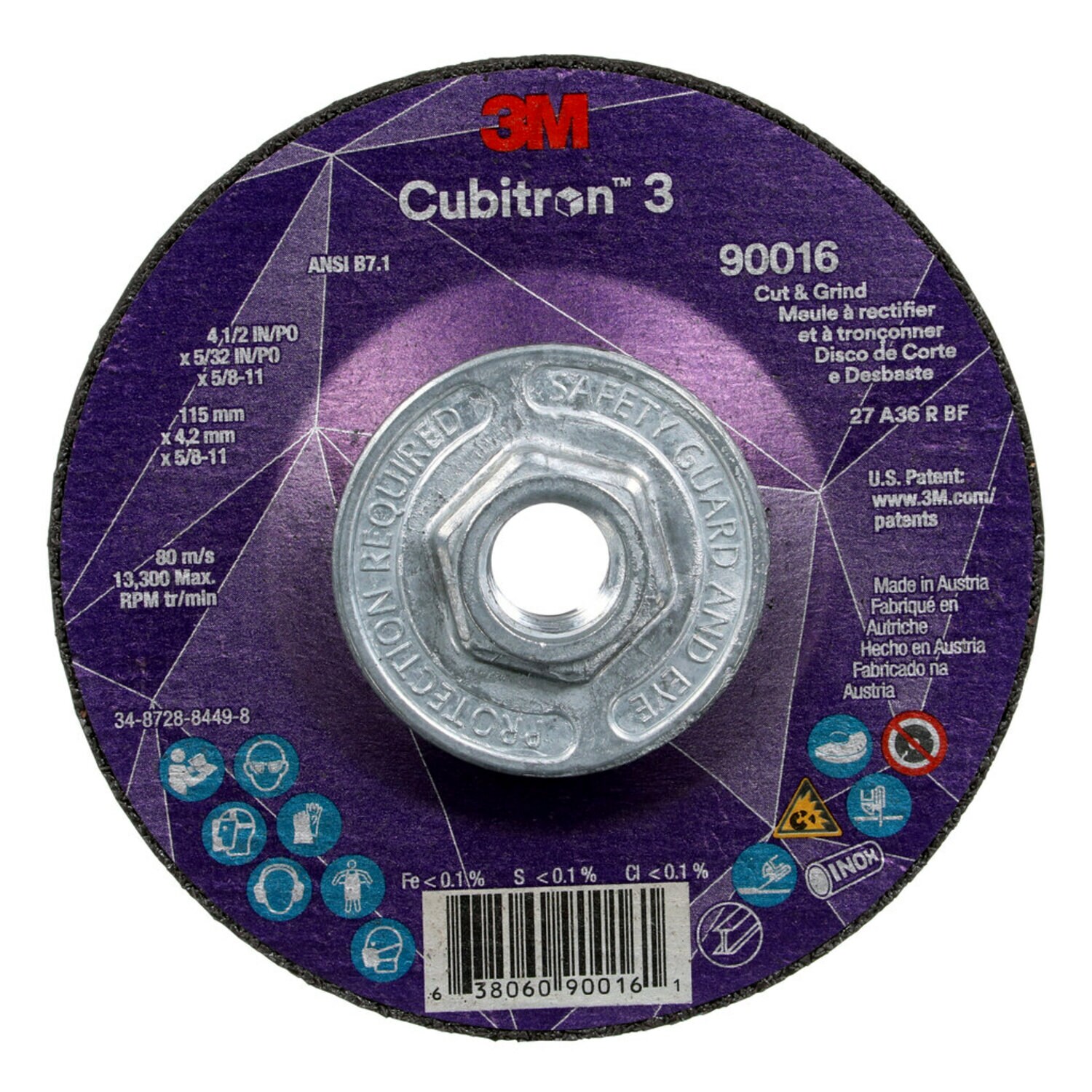 7100313194 - 3M Cubitron 3 Cut and Grind Wheel, 90016, 36+, T27, 4-1/2 in x 5/32 in x 5/8 in-11 (115 x 4.2 mm x 5/8-11 in), ANSI, 10 ea/Case