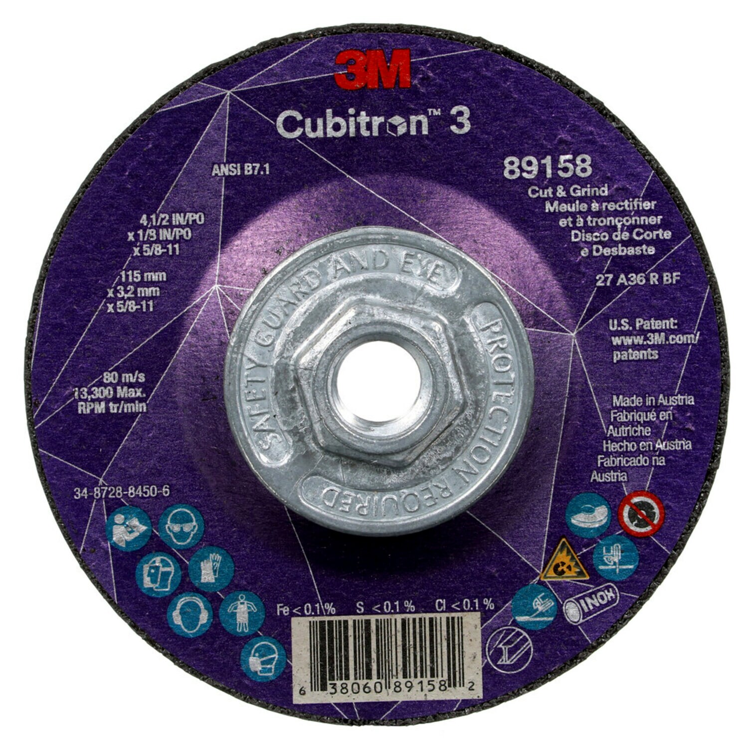 7100313760 - 3M Cubitron 3 Cut and Grind Wheel, 89158, 36+, T27, 4-1/2 in x 1/8 in
x 5/8 in-11 (115 x 3.2 mm x 5/8-11 in), ANSI, 10 ea/Case