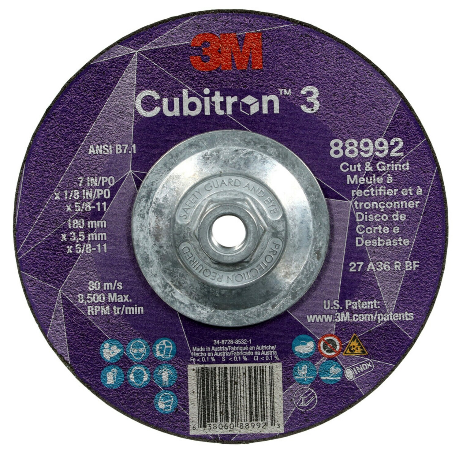 7100313195 - 3M Cubitron 3 Cut and Grind Wheel, 88992, 36+, T27, 7 in x 1/8 in x
5/8 in-11 (180 x 3.2 mm x 5/8-11 in), ANSI, 10 ea/Case