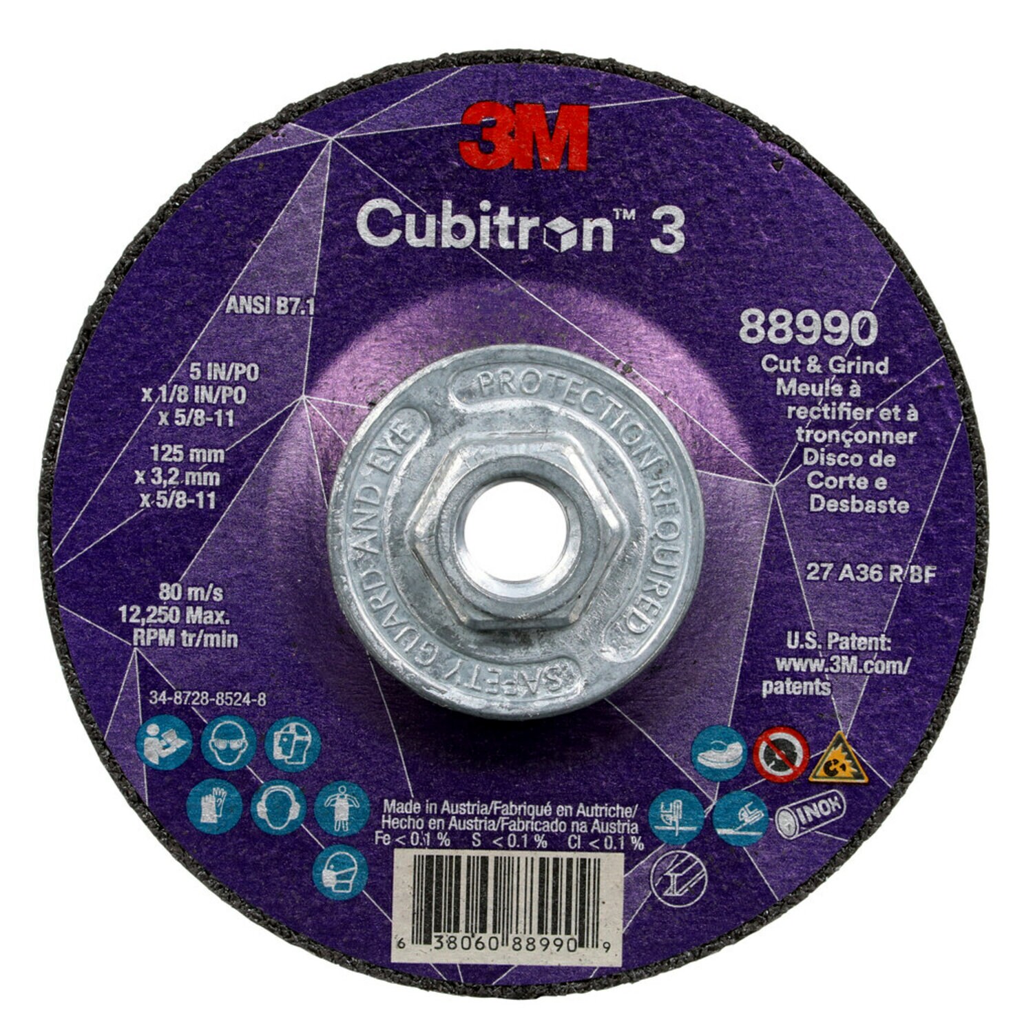 7100313204 - 3M Cubitron 3 Cut and Grind Wheel, 88990, 36+, T27, 5 in x 1/8 in x
5/8 in-11 (125 x 3.2 mm x 5/8-11 in), ANSI, 10 ea/Case