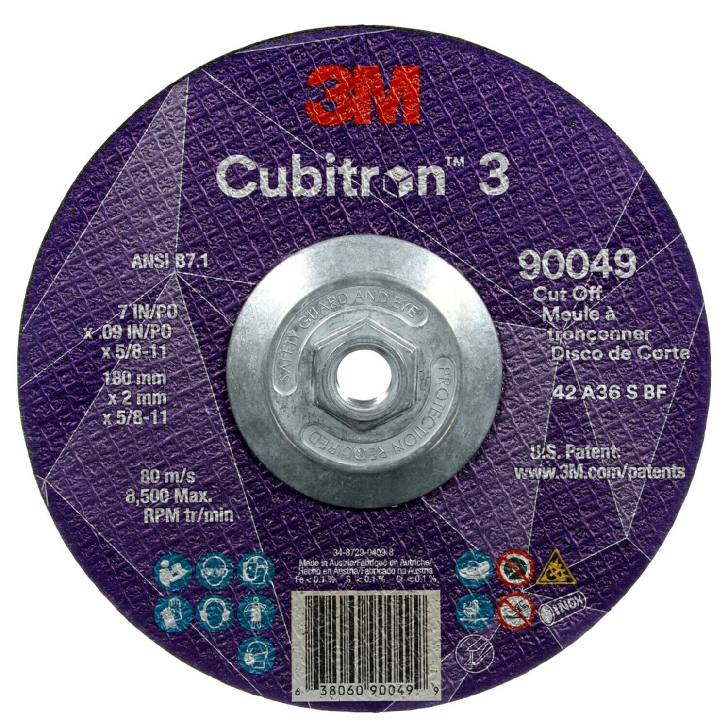 7100312963 - 3M Cubitron 3 Cut-Off Wheel, 90049, 36+, T27, 7 in x 0.09 in x 5/8
in-11 (180 x 2 mm x 5/8-11 in), ANSI, 10 ea/Case