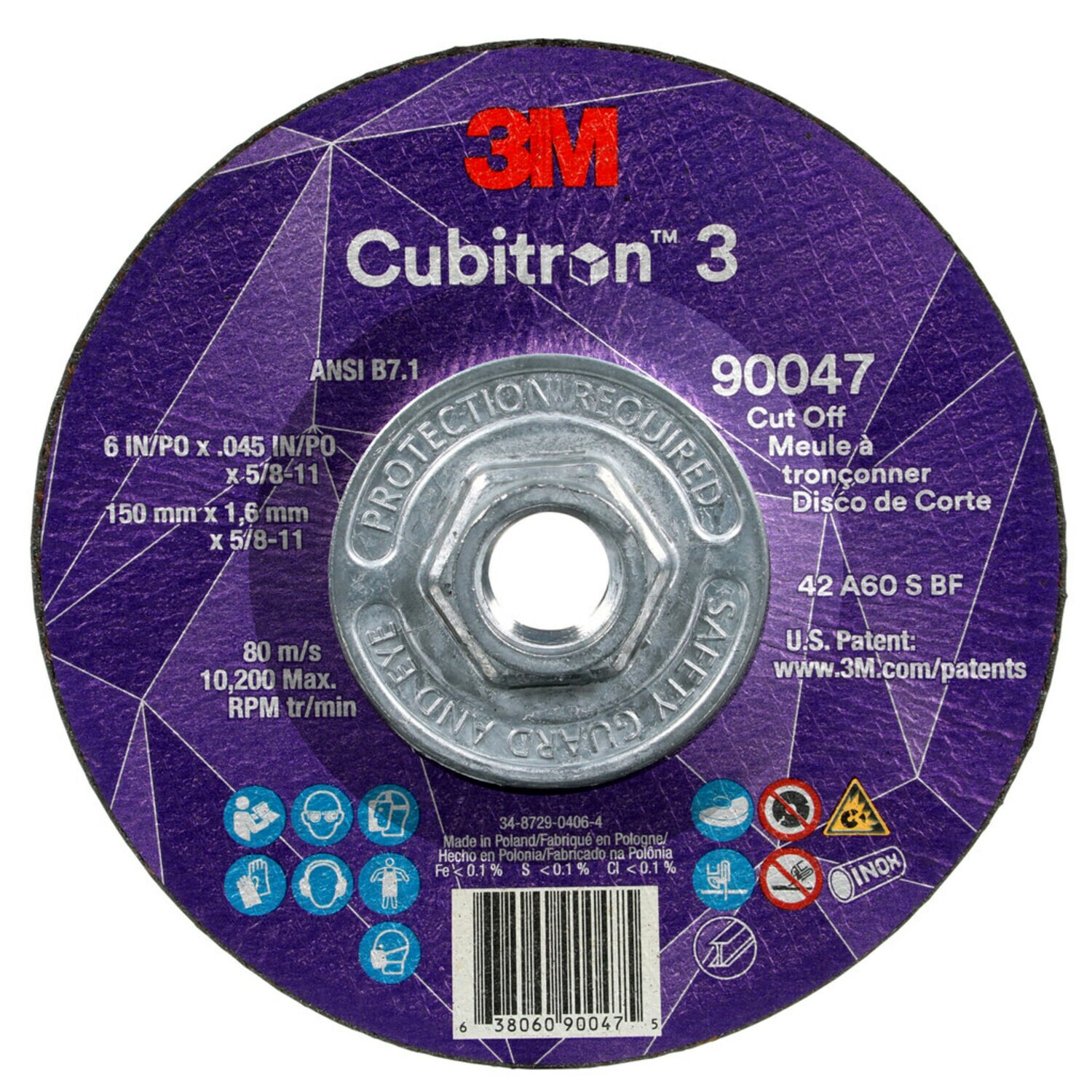 7100313188 - 3M Cubitron 3 Cut-Off Wheel, 90047, 60+, T27, 6 in x 0.045 in x 5/8
in-11 (150 x 1.6 mm x 5/8-11 in), ANSI, 10 ea/Case