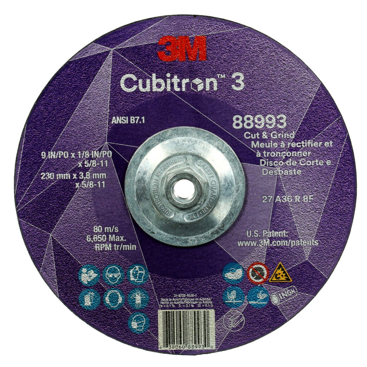 7100313197 - 3M Cubitron 3 Cut and Grind Wheel, 88993, 36+, T27, 9 in x 1/8 in x
5/8 in-11 (230 x 3.2 mm x 5/8-11 in), ANSI, 10 ea/Case