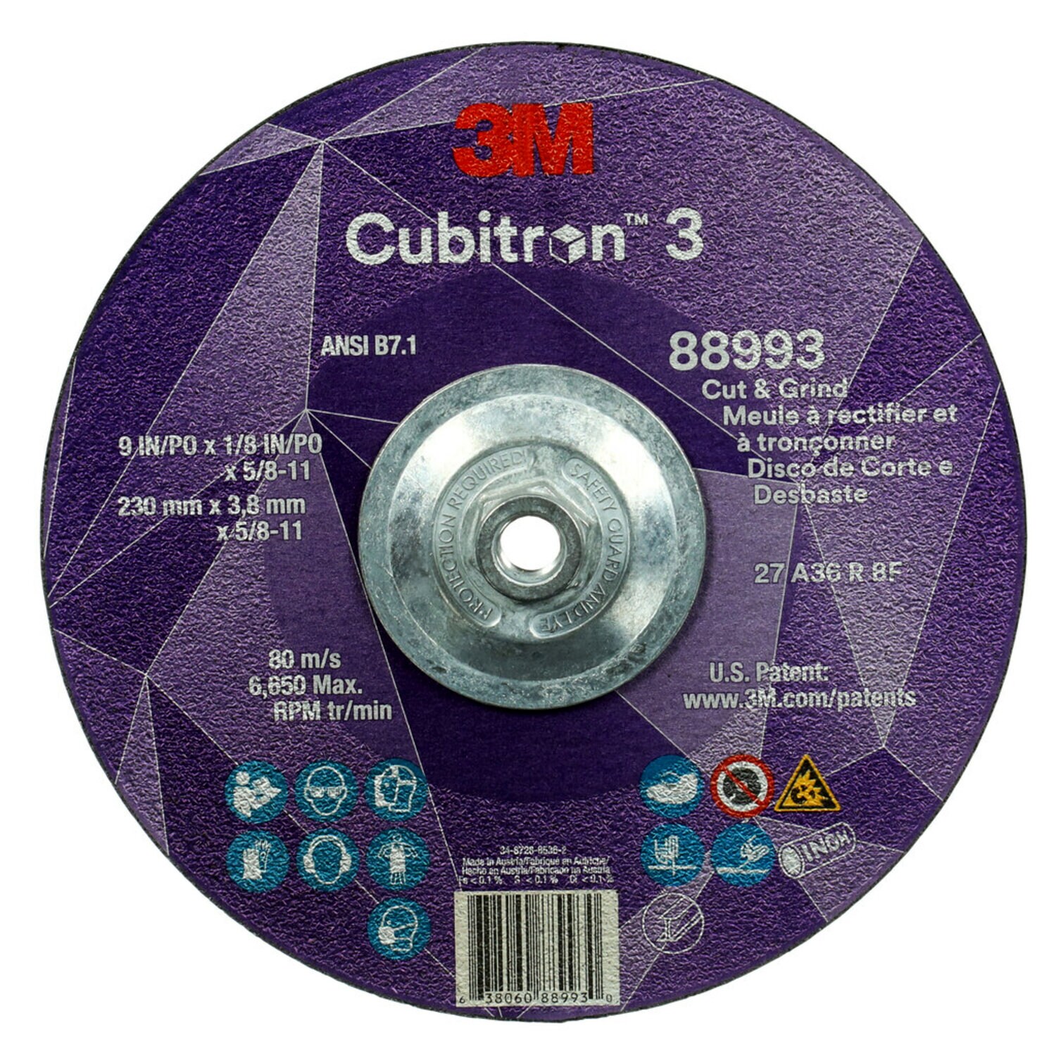 7100313197 - 3M Cubitron 3 Cut and Grind Wheel, 88993, 36+, T27, 9 in x 1/8 in x 5/8 in-11 (230 x 3.2 mm x 5/8-11 in), ANSI, 10 ea/Case
