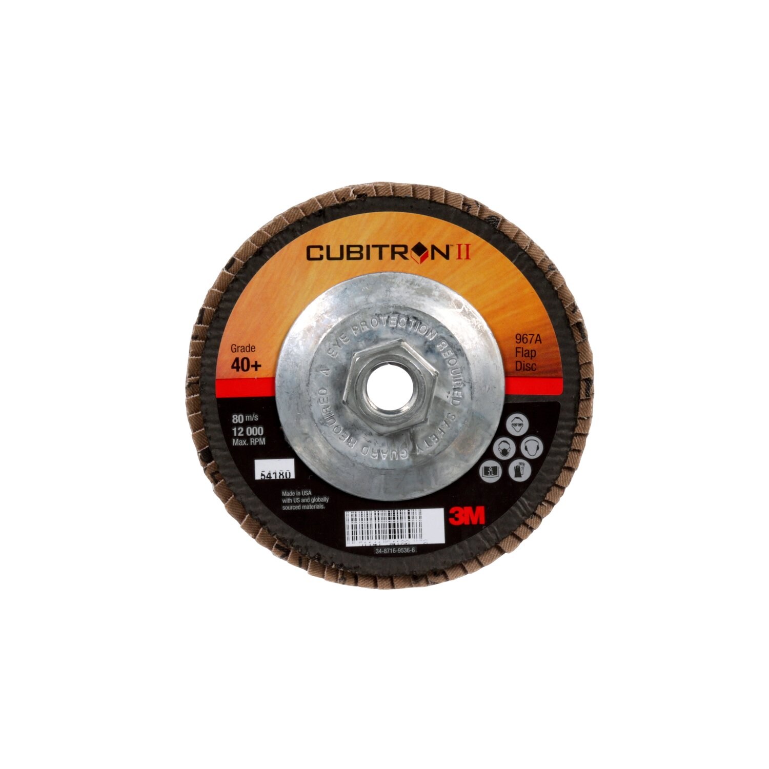7100049327 - 3M Cubitron II Flap Disc 967A, 40+, T29 Quick Change, 5 in x 5/8"-11,
10 ea/Case