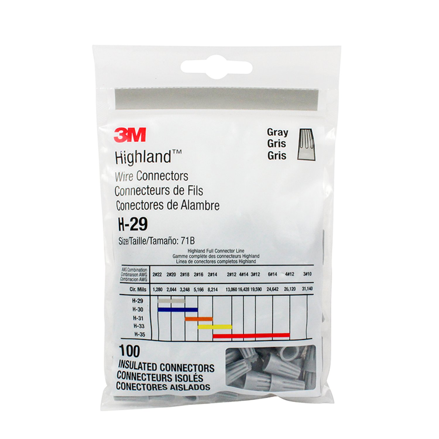 7010348890 - 3M Highland Wire Connector H-29-POUCH, 22-16 AWG, Gray, 100 per Pouch, 1000/Case