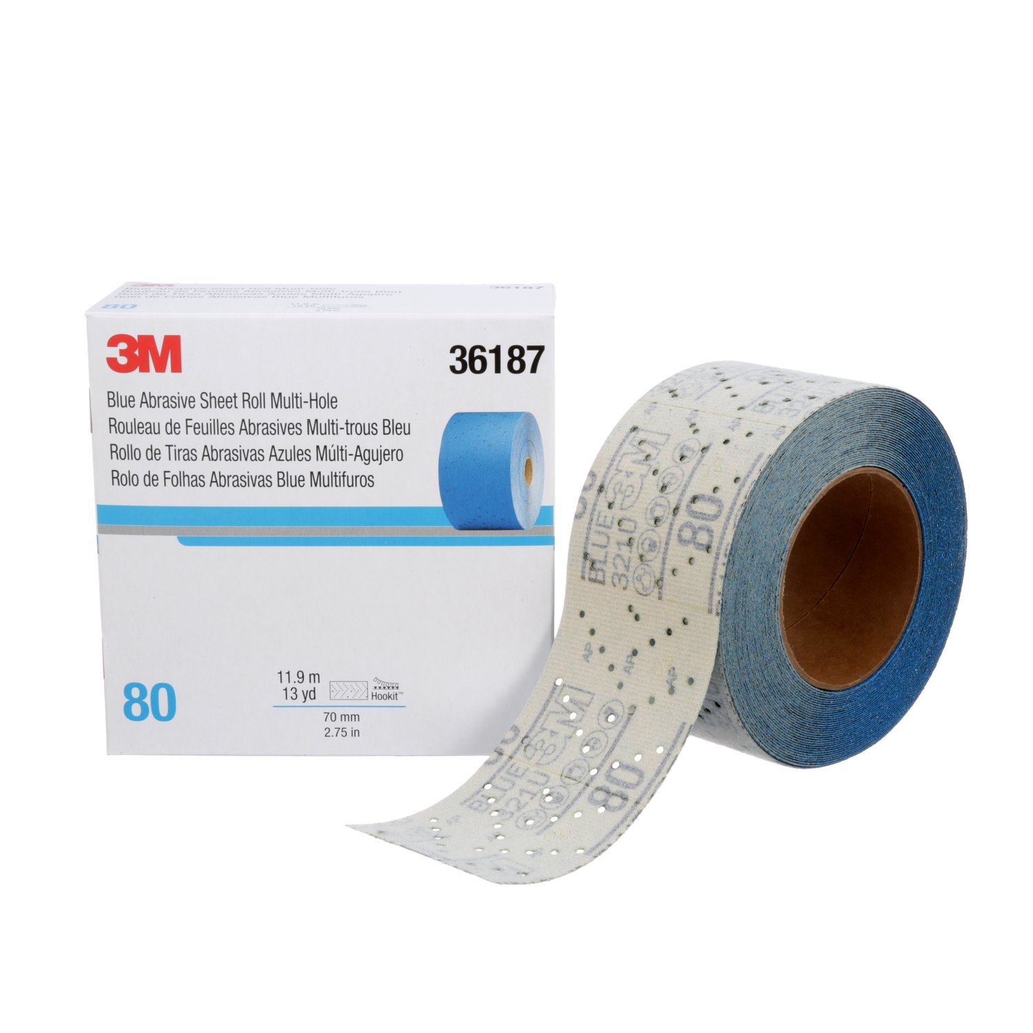 7100091037 - 3M Hookit Blue Abrasive Sheet Roll 321U, 36187, 80, 2.75 in x 13 yd, Multi-hole, 4 Cartons/Case