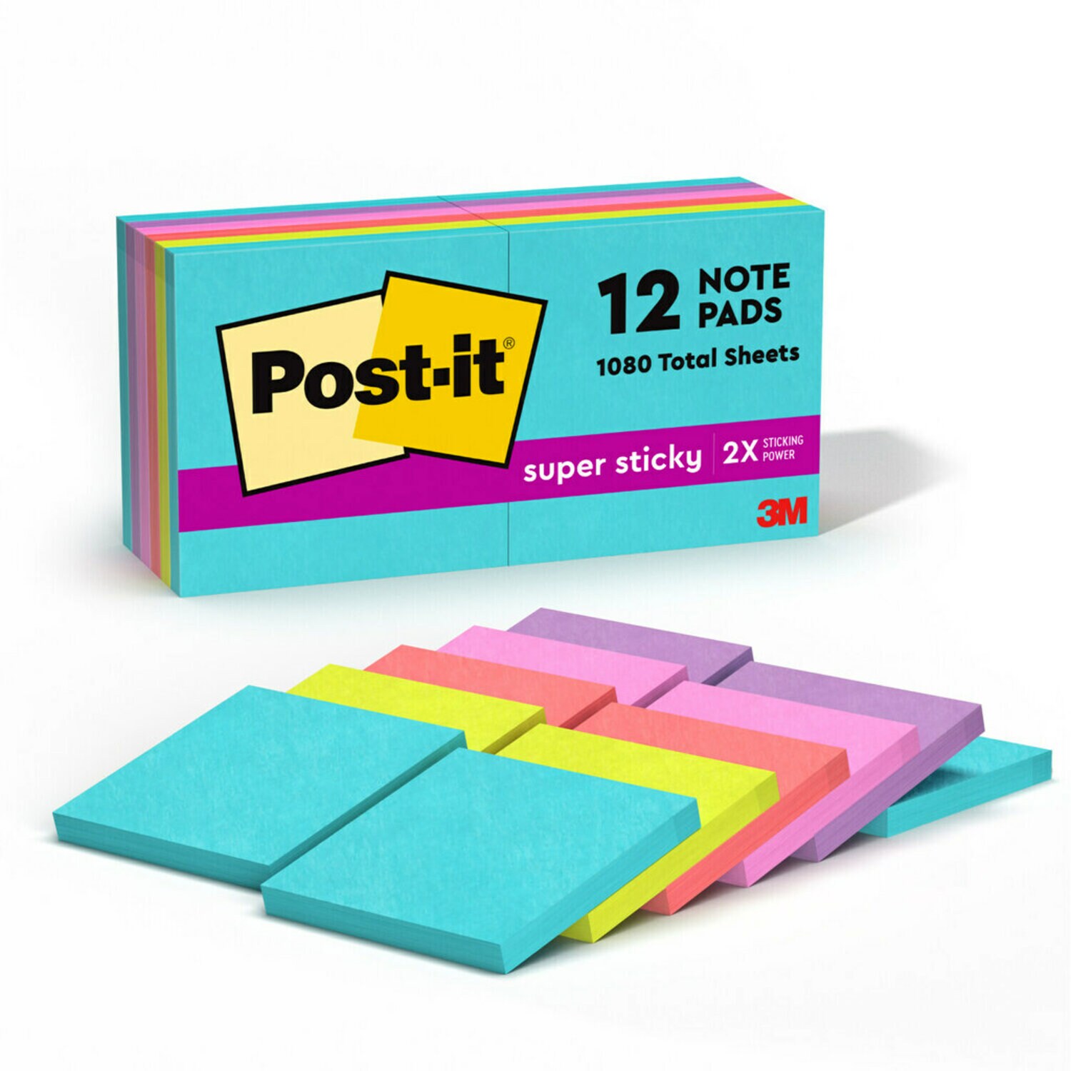 7100088470 - Post-it Super Sticky Notes 654-12SSMIA, 3 in x 3 in (76 mm x 76 mm), Supernova Neons, 12 Pads/Pack, 90 Sheets/Pad