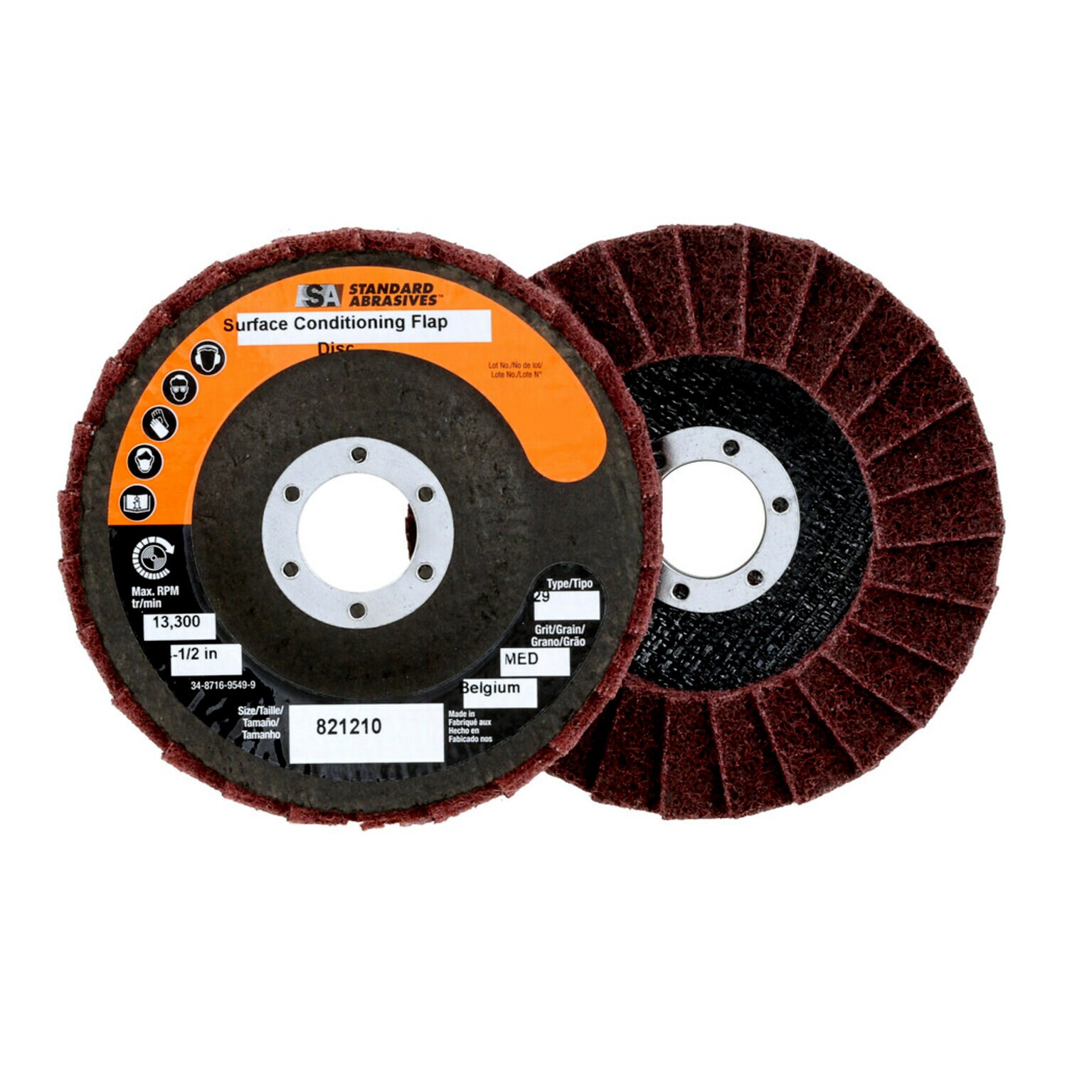 7000121834 - Standard Abrasives Surface Conditioning Flap Disc, 821210, 4-1/2 in x
7/8 in MED, 5/Carton, 50 ea/Case