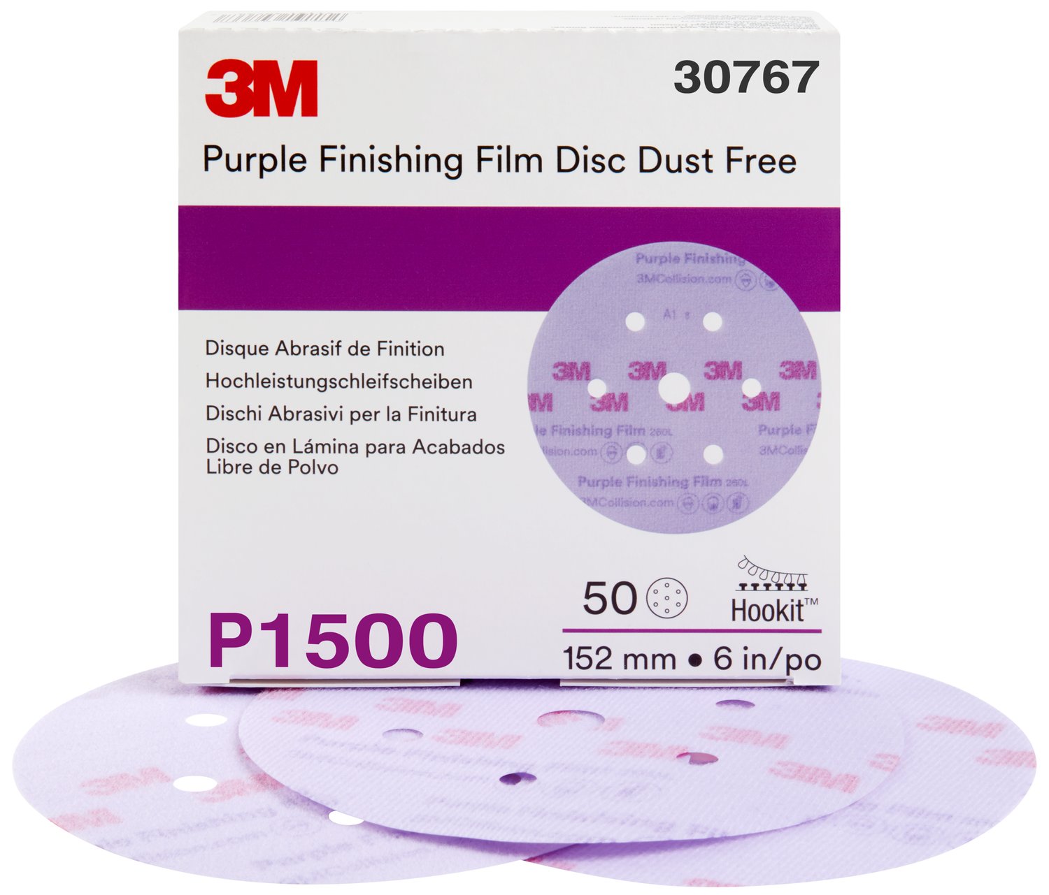 7100122779 - 3M Hookit Purple Finishing Film Abrasive Disc 260L, 30767, 6 in, Dust Free, P1500, 50 discs per carton, 4 cartons per case