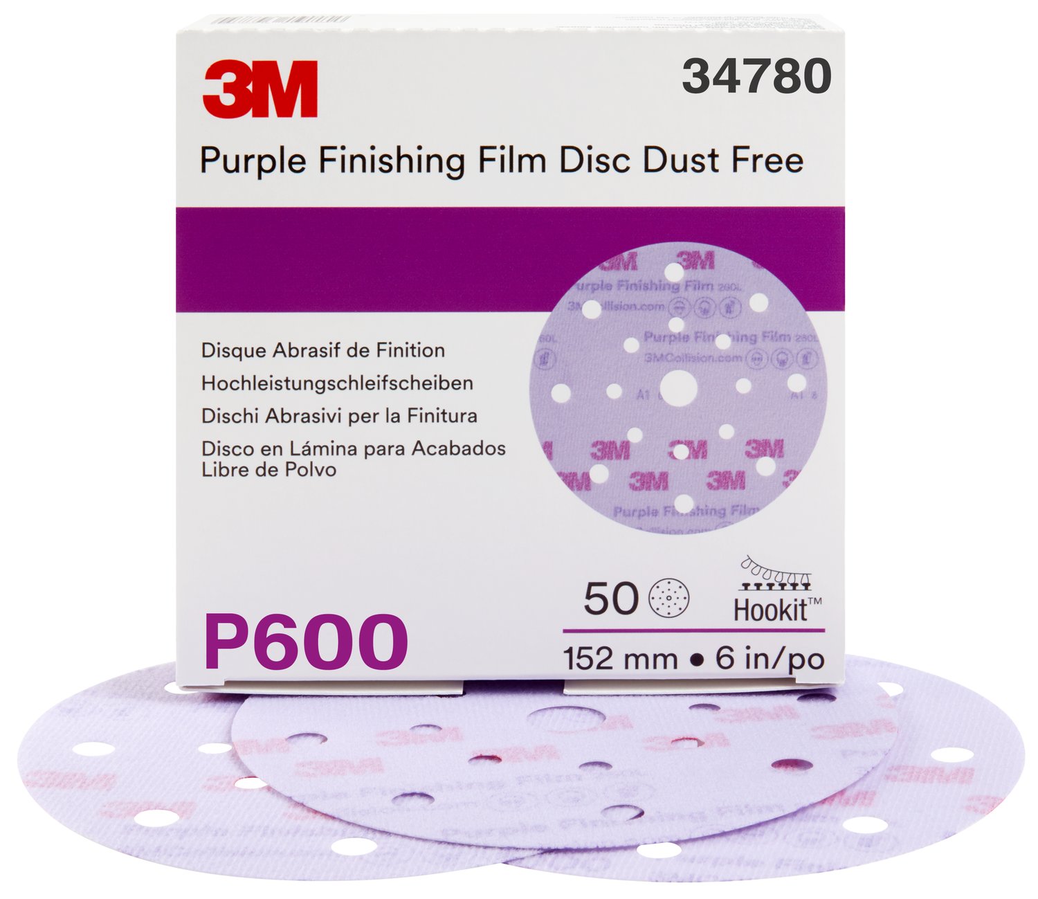 7100122781 - 3M Hookit Purple Finishing Film Abrasive Disc 260L, 34780, 6 in, Dust Free, P600, 50 discs per carton, 4 cartons per case
