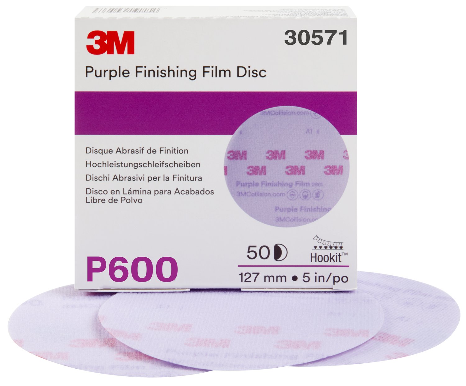 7100122801 - 3M Hookit Purple Finishing Film Abrasive Disc 260L, 30571, 5 in, P600,
50 discs per carton, 4 cartons per case