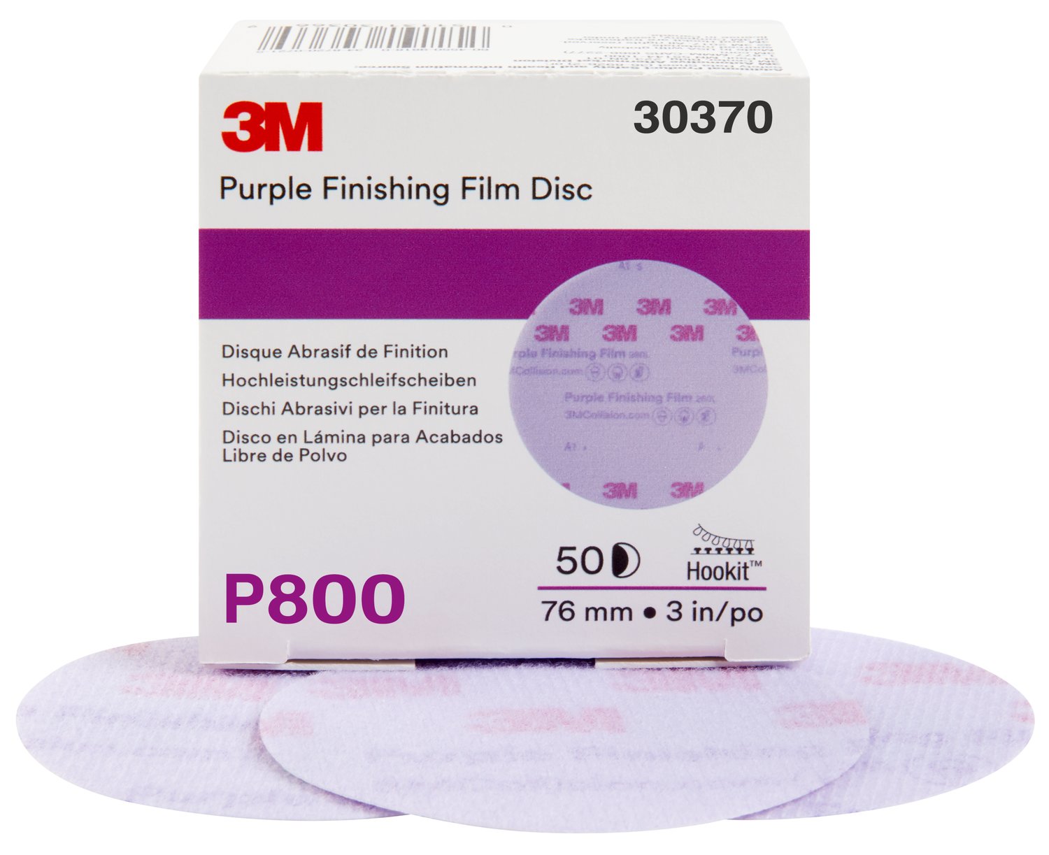 7100122788 - 3M Hookit Purple Finishing Film Abrasive Disc 260L, 30370, 3 in, P800,
50 discs per carton, 4 cartons per case