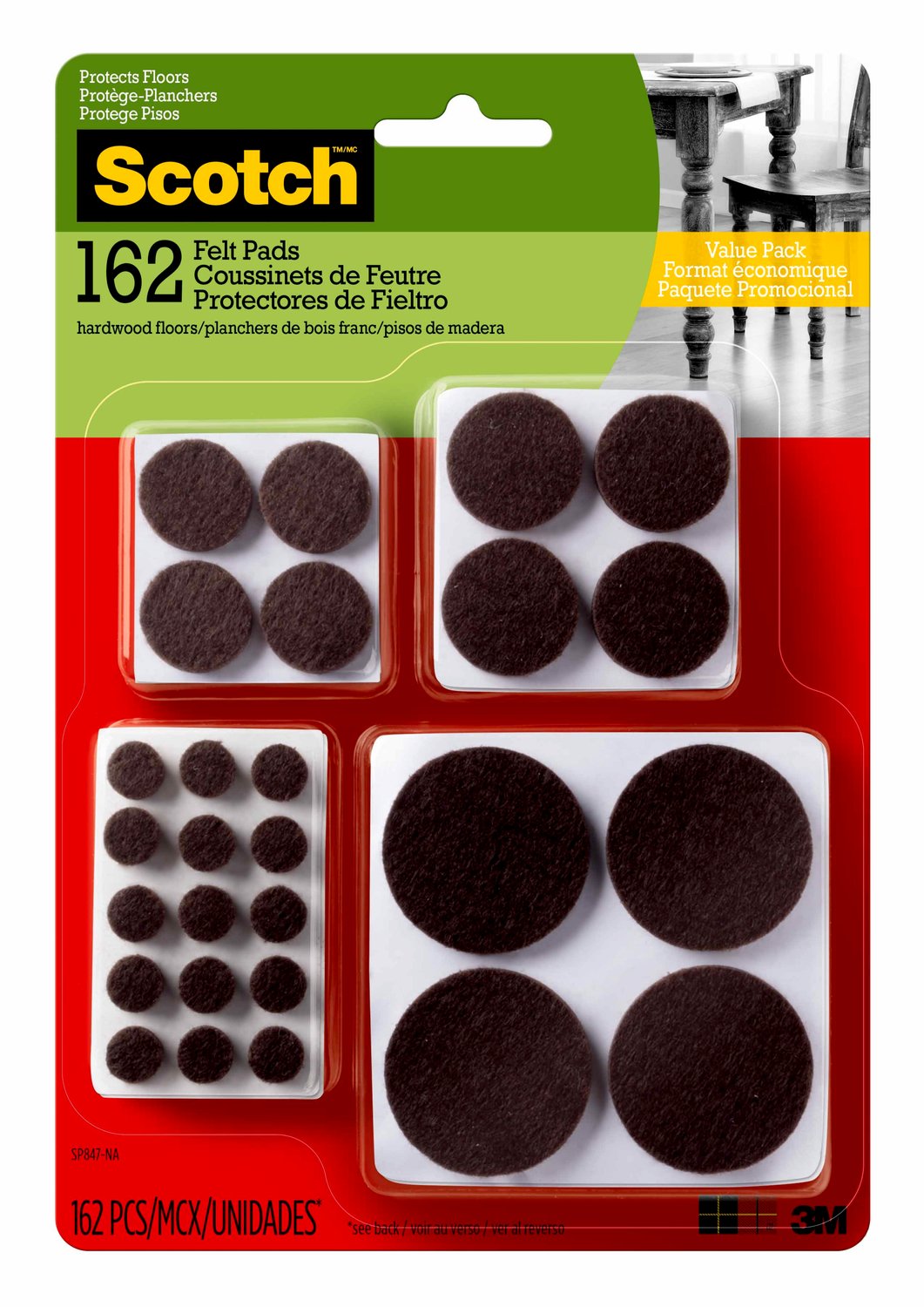 7010312928 - Scotch Self-Stick Felt Pads, SP847-NA, Brown, 162/ pack