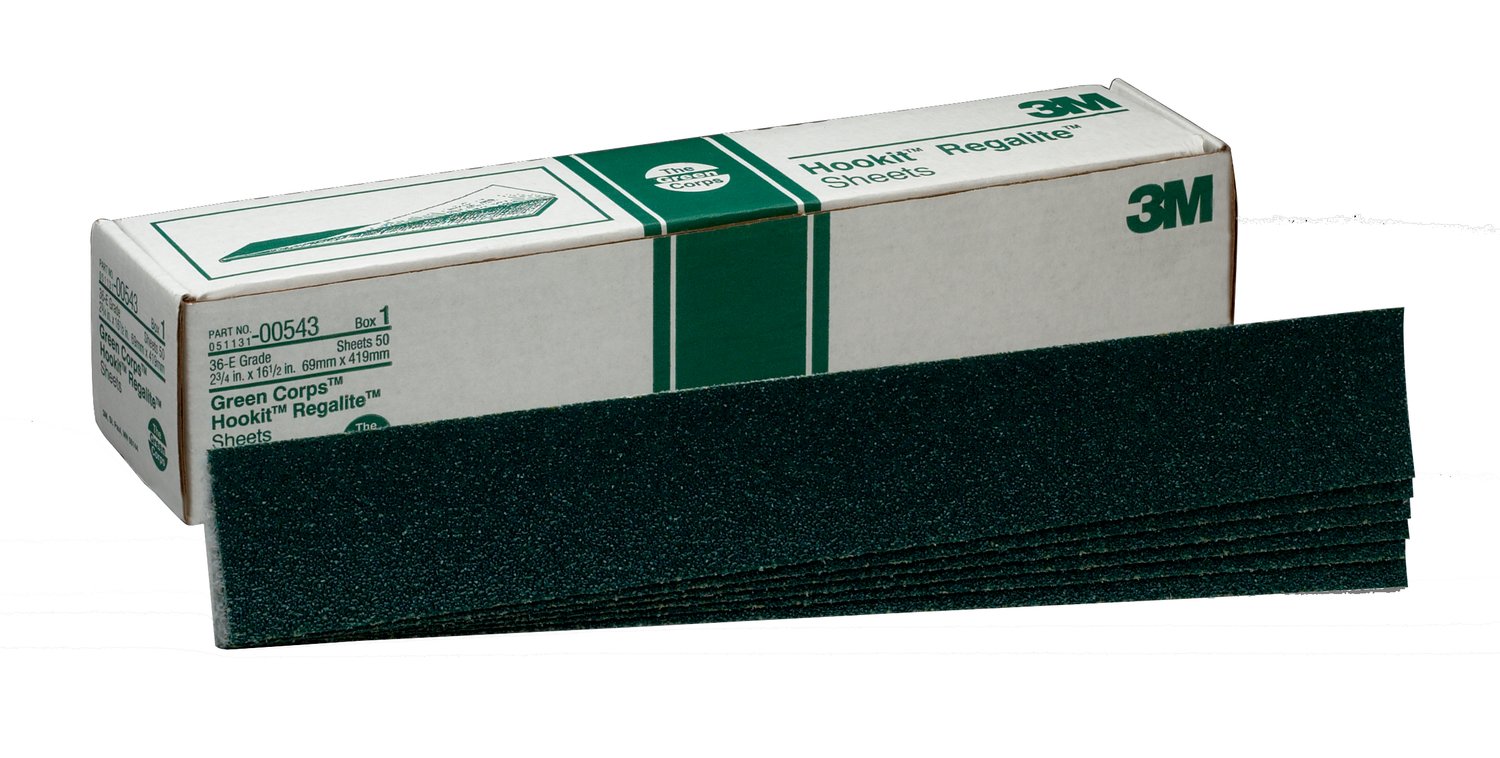 7000118217 - 3M Green Corps Hookit Sheet, 00543, 36, 2-3/4 in x 16-1/2 in, 50 sheets per carton, 5 cartons per case