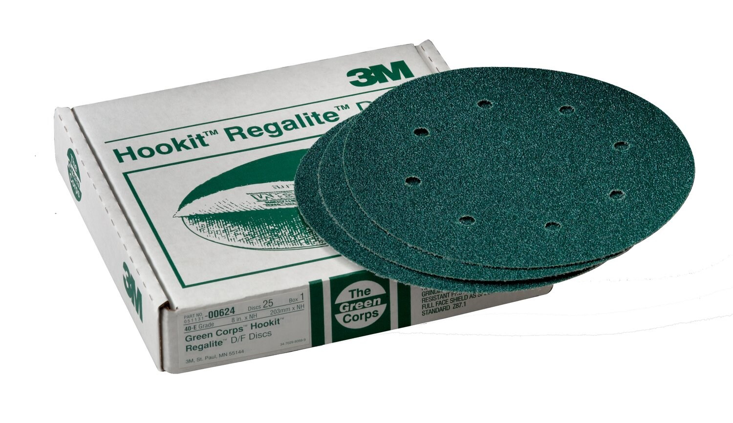 7000120350 - 3M Green Corps Hookit Disc Dust Free, 00624, 8 in, 40, 25 discs per
carton, 5 cartons per case