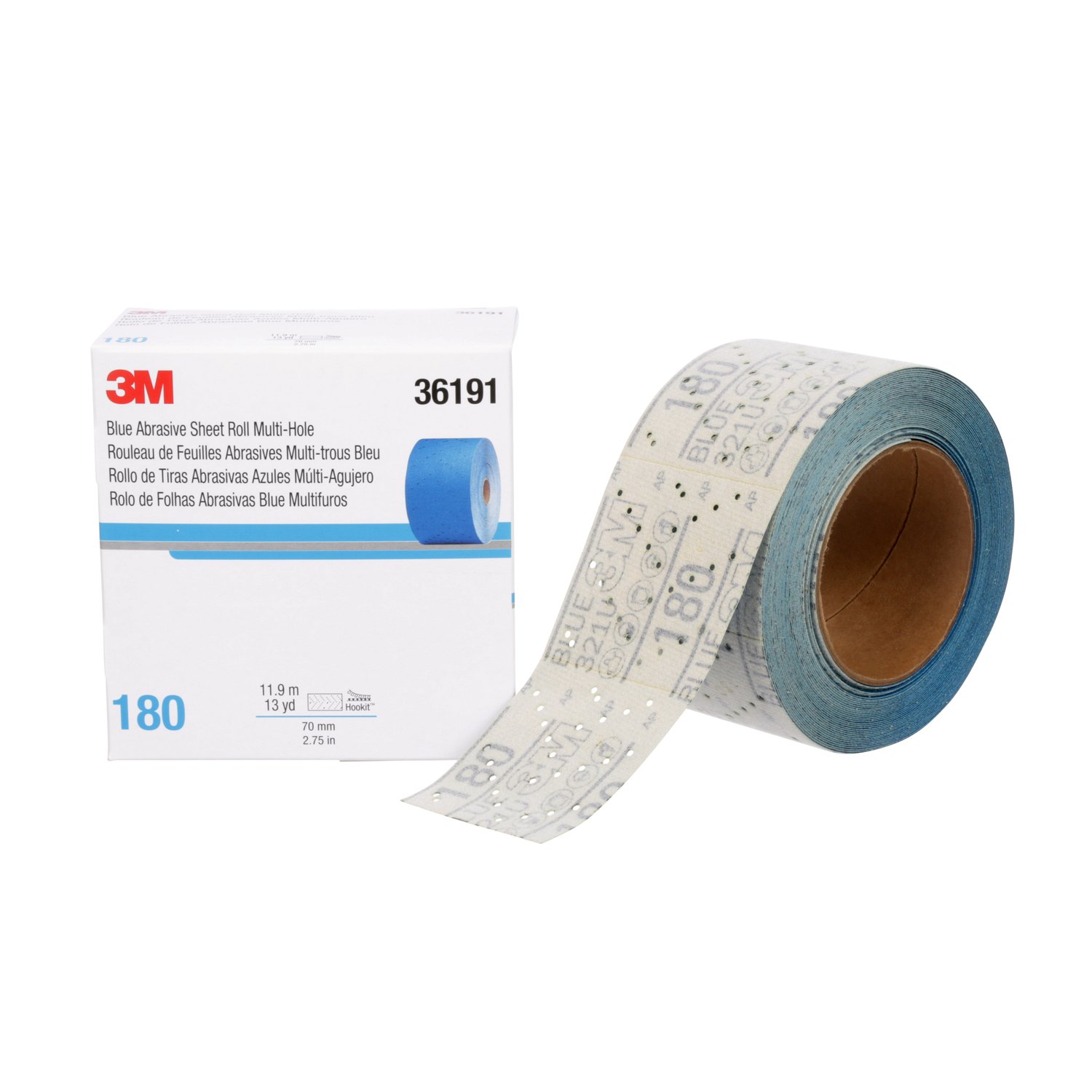 7100091070 - 3M Hookit Blue Abrasive Sheet Roll 321U, 36191, 180, 2.75 in x 13 yd, Multi-hole, 4 Cartons/Case