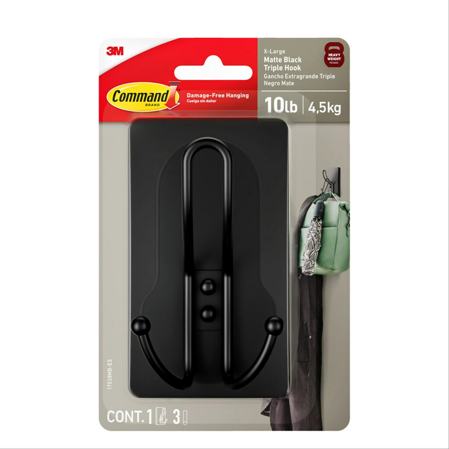 7100342615 - Command X-Large Matte Black Triple Hook 17038MB-ES, 1 Hook, 3 Strips