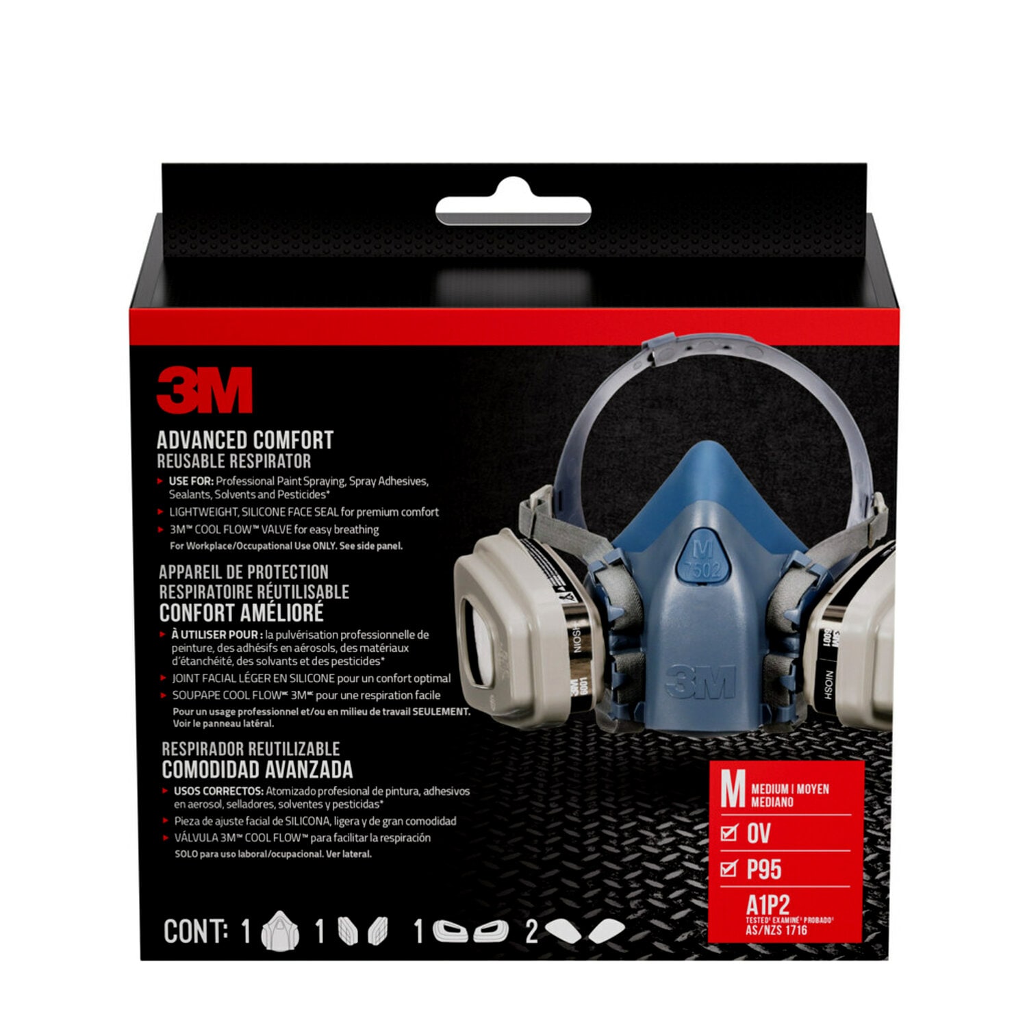 7100308241 - 3M Advanced Comfort Reusable Respirator 7512P1-DC, OV/P95, Mdm, 1-Fcpc, 1-pr of 6001 Crtdgs, 2-prs 5P71 Fltrs, 1-pr 501 Rtnrs