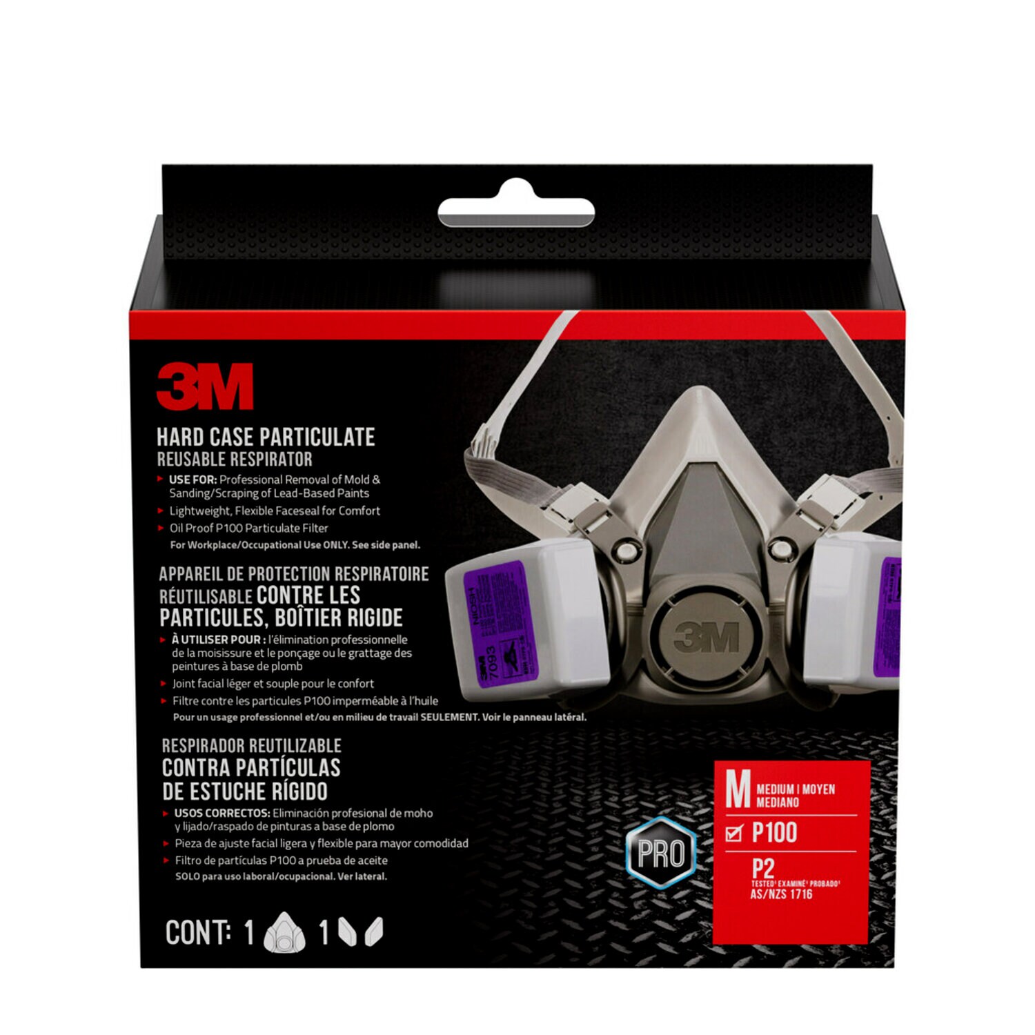 7100308788 - 3M Hard Case Particulate Reusable Respirator 62093H1-DC, P100, Medium, 1-Facepiece and 1-pair of 7093 Filters