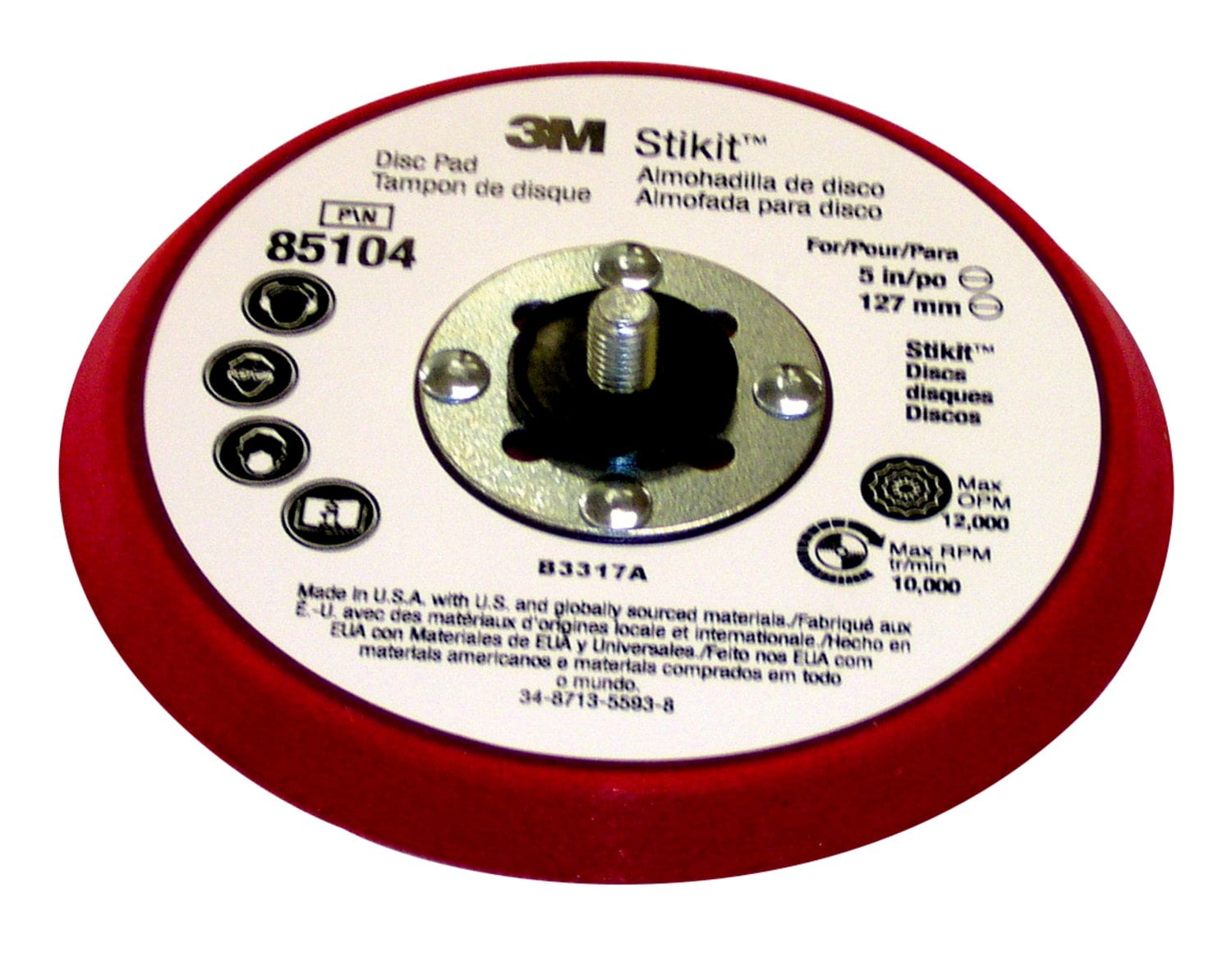 7010298965 - 3M Stikit Low Profile Disc Pad 85104,Silver Face,Red Foam, 5 in x 3/8 in 5/16-24 External, 10 ea/Case