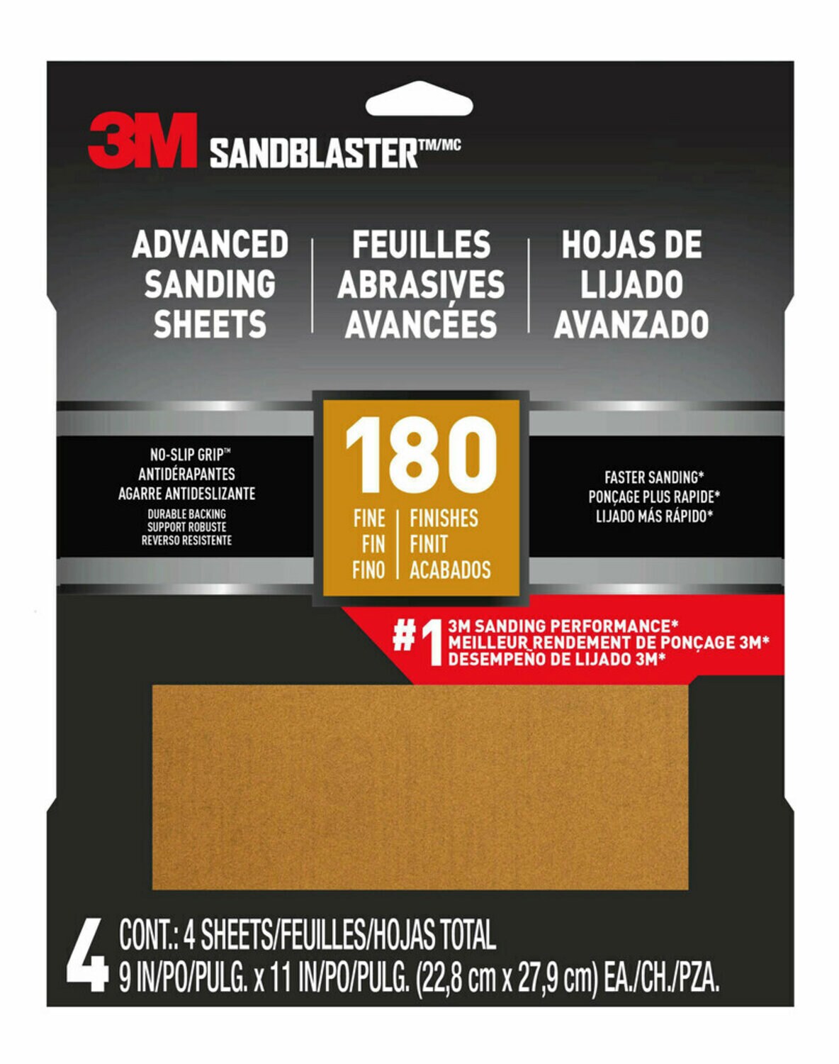 7100286476 - 3M SandBlaster Advanced Sanding Sheets w/ NO-SLIP GRIP Backing 20180-G-4, 9 in x 11 in, 180 Grit, 4 Shts/pk