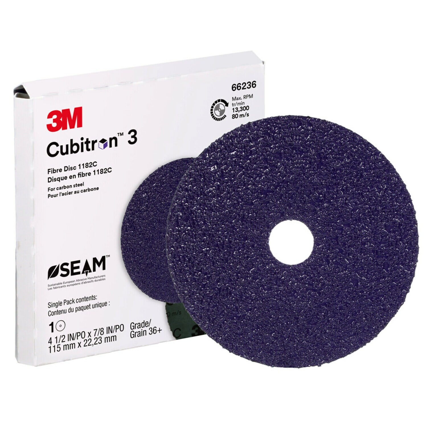 7100320166 - 3M Cubitron 3 Fibre Disc 1182C, 36+, 4-1/2 in x 7/8 in, Die 450E, 10 ea/Case, Single Pack
